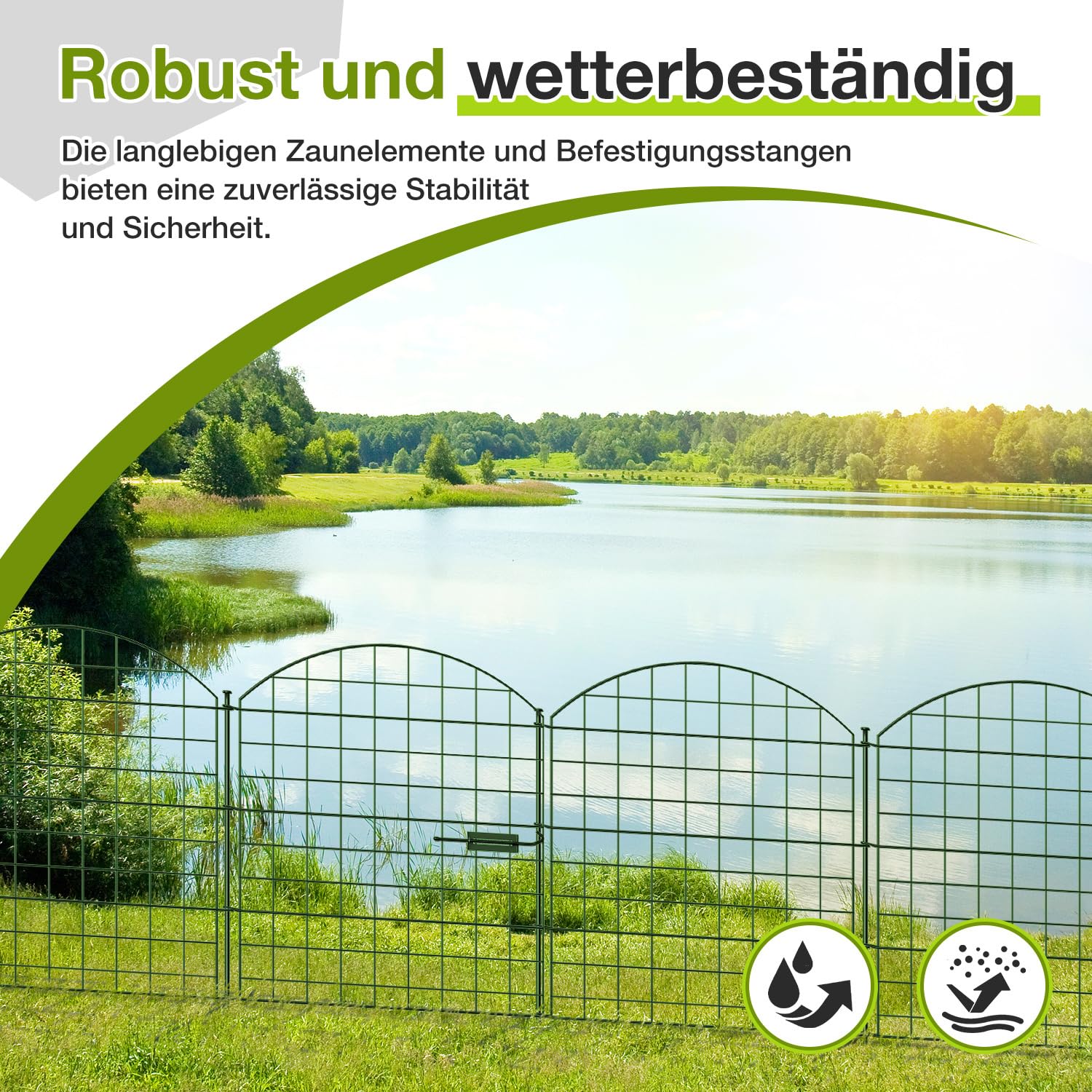 Gartenzaun Teichzaun Set, Steckzaun 11 Zaunelemente, Dekoration Gitterzaun mit Türschloss, Wetterfest Zaun für den Garten, 70CM * 78,5CM Hundezaun Metallzaun (Oberbogen, Grün)