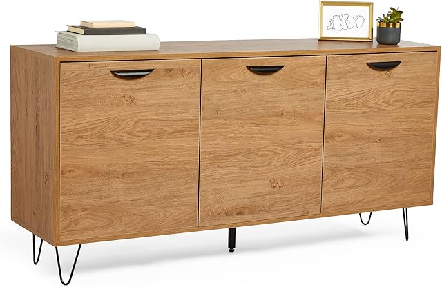 VonHaus Large Sideboard Oak Wood Effect - Wide 3 Door Sideboard for Living Room - Industrial Storage Cabinet w/Shelving, Black Hairpin Legs & Handles - Modern Furniture for Lounge & Hallway - Capri