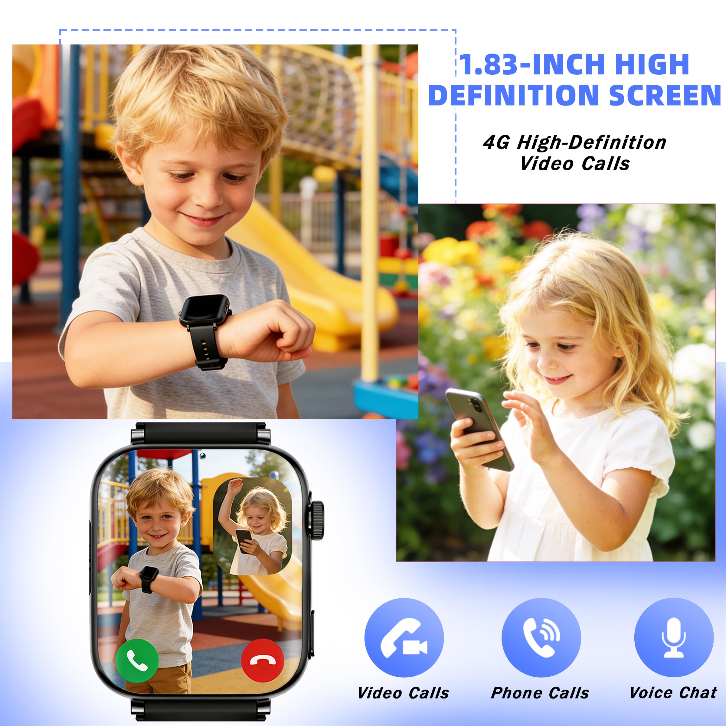 Orologio Smartwatch Bambini, 1.83" Touchscreen, con 4G Telefono/Chat/Video, GPS+LBS+WiFi Posizionamento, SOS, Modalità Scuola, IP68 Impermeabile, Regalo di Compleanno per Bambino (Nero)