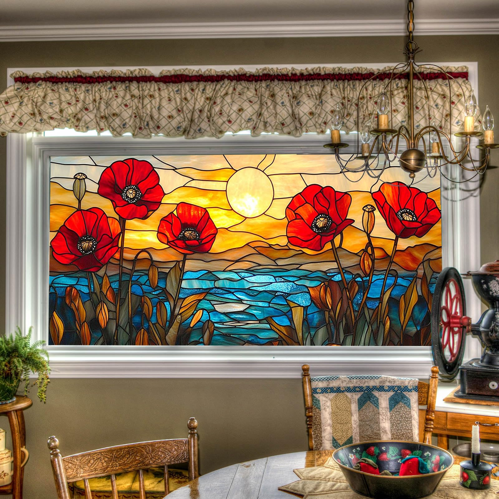 HOMETITUTE Stained Glass Window Film Red Poppy Flower Sunset Ocean Decorative Window Clings Privacy Glass Stickers for Home Living Room Bedroom Kitchen Sunlight Art Effect 39.3 × 17.7 Inchs