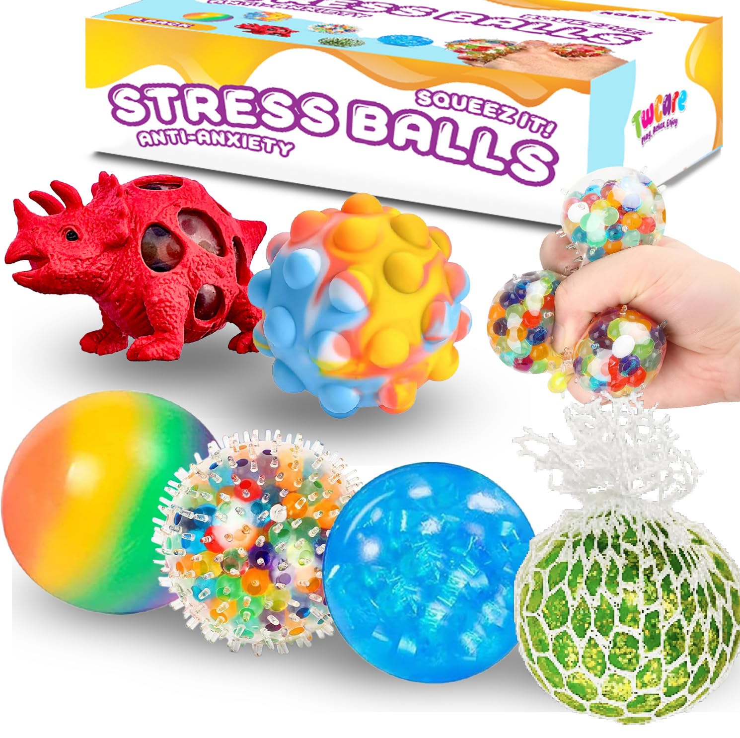 6 Pack Stress Balls, Vent Dinosaur Fidget Mesh Squishy Stress Relief Toys for Adults Anxiety Sensory Squeeze Pop Colorful Basket Stuffers Classroom Student Rewards Carnival Prizes Birthday Goody Bag