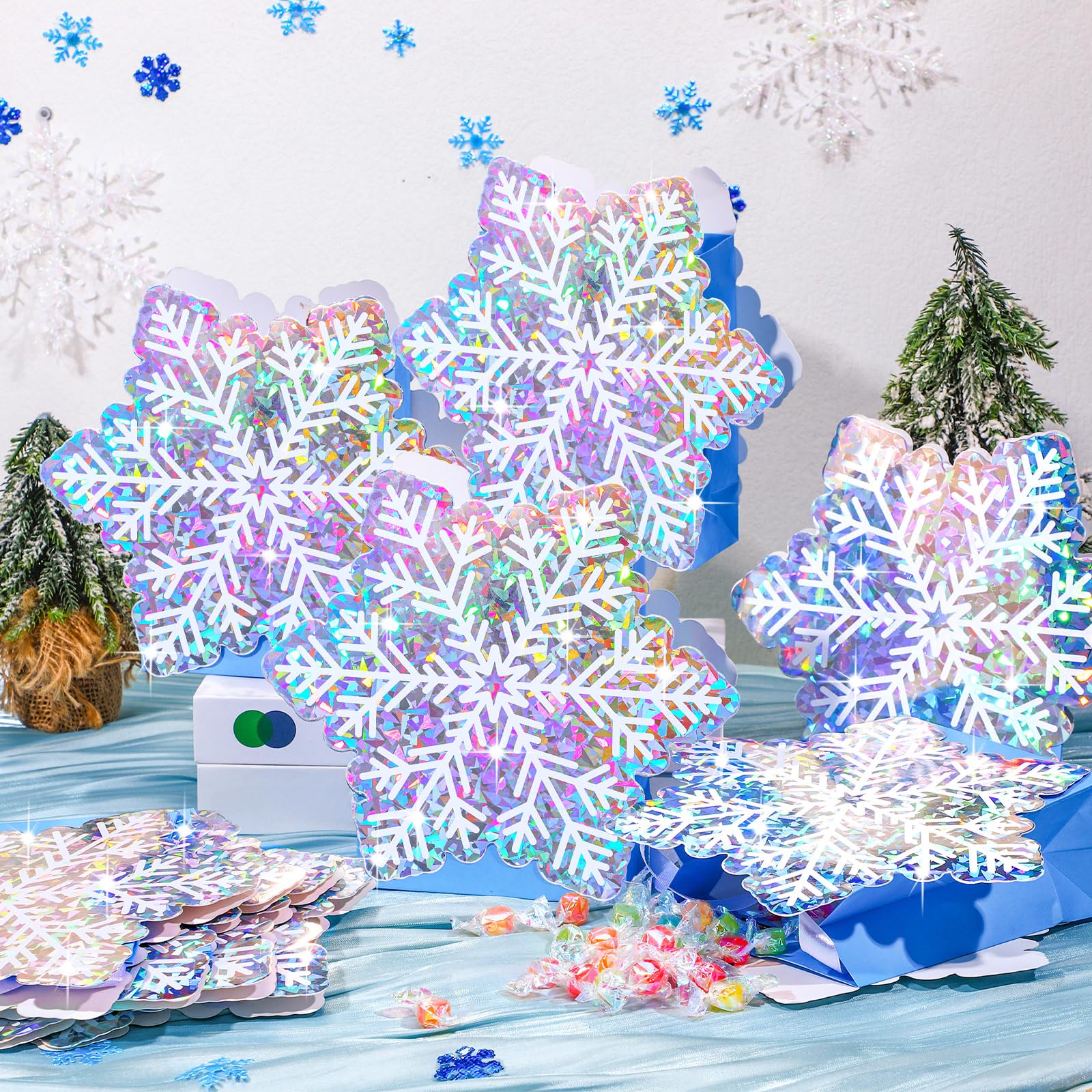 Kolldenn 24 Stück Weihnachts-Schneeflocken-Papiertüten, Winter-Geschenktüten, Prinzessinnen-Geschenktüten, Schneeflocken-Partygeschenke, Schneeflocken-Papiertüten, Süßigkeiten-Leckerli-Tüten für