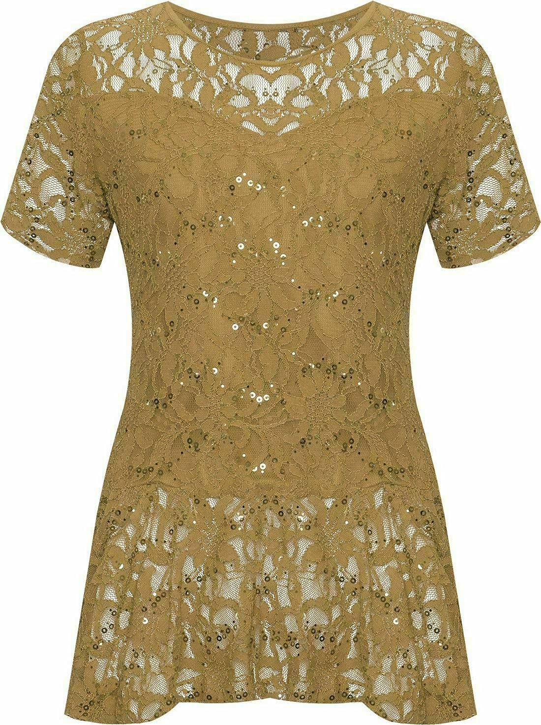 Fairy Trendz Ltd Women's Gold Lace Sequin Round Neck Top Short Sleeves Peplum Frill Top 14-28 ( Uk 16)