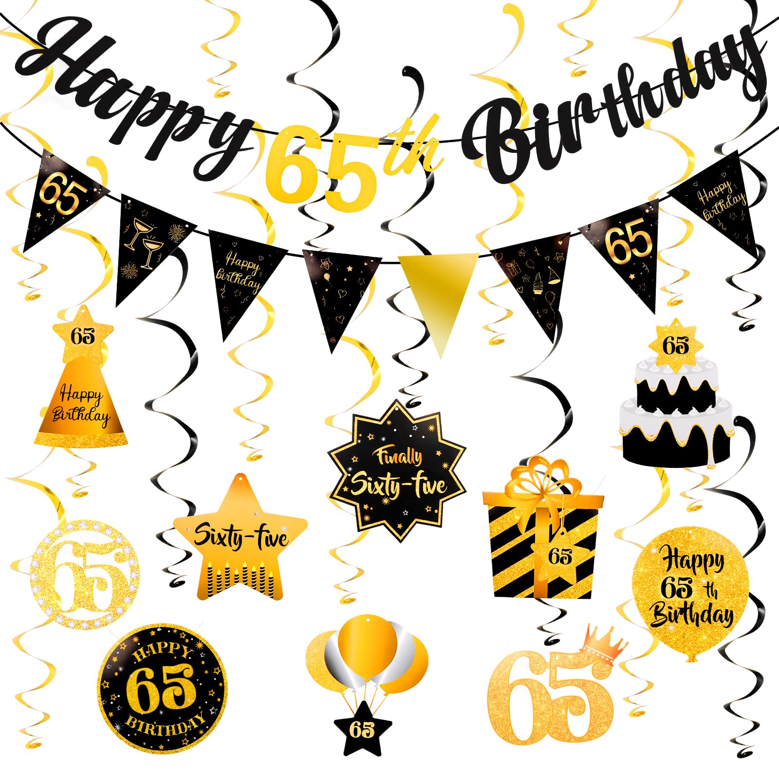 FASOTY 65th Birthday Decorations for Men Women Black Gold Pre Strung Happy 65th Birthday Banner and Hanging Swirls 65 Year Old Party Supplies
