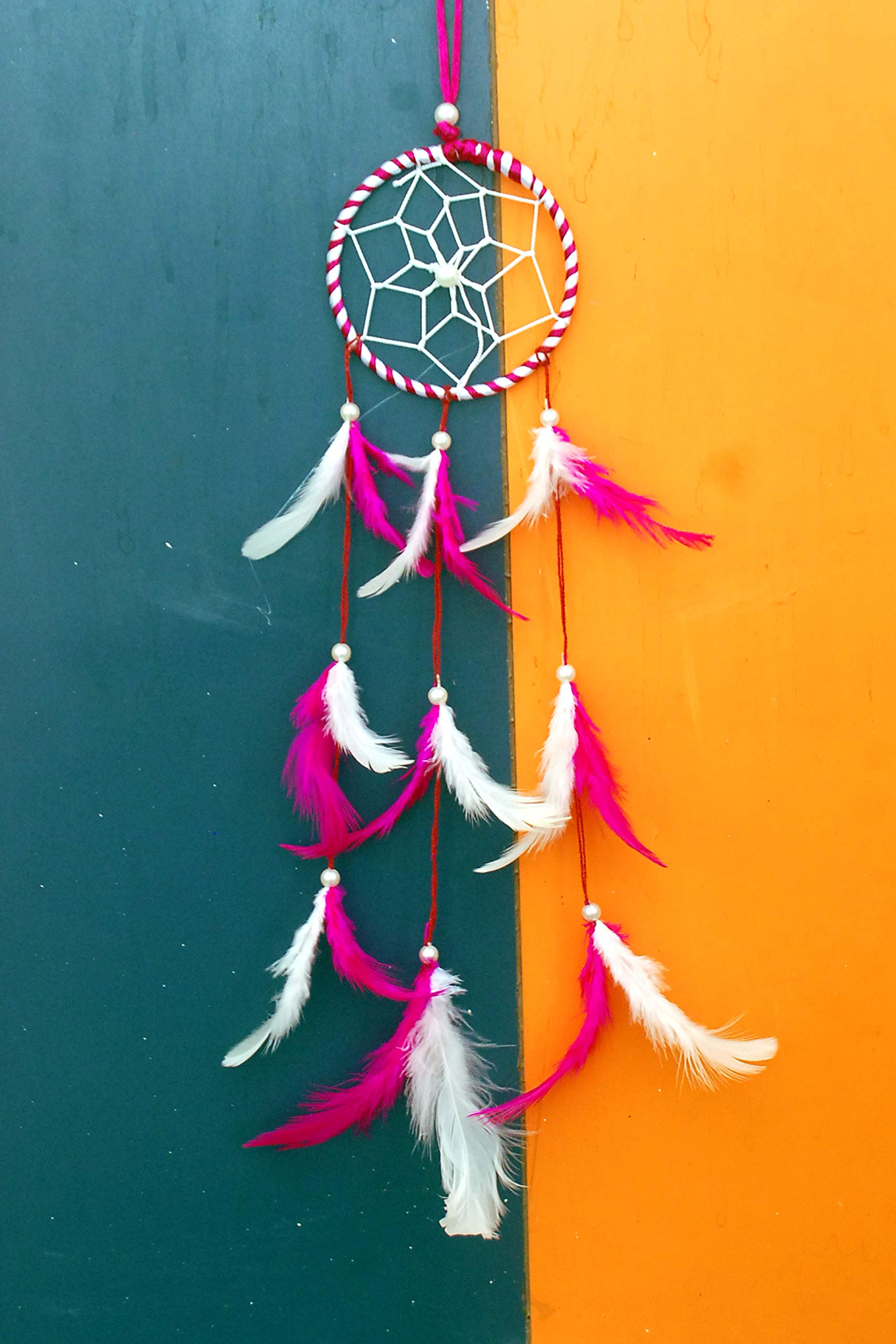 CANWIN™ | Dream Catcher | White & Dark Pink Colour | Wall Hanging | Hand Made | Made in India | Size (8 x 30 x 1 cm)