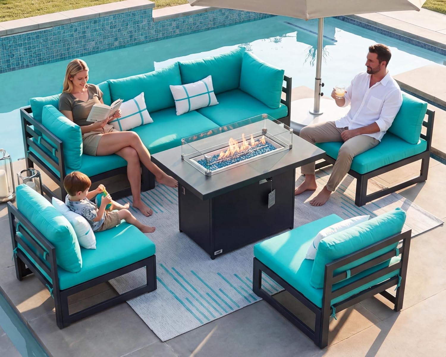 NICESOUL 7 Pcs Large Modern Aluminum Outdoor Patio Furniture Set with Fire Pit Table Propane/Gas, 29" Wide Deep Seat, Fade Resistant Sectional Sofa, 500 lbs Sturdy Backyard Conversation Set, Turquoise