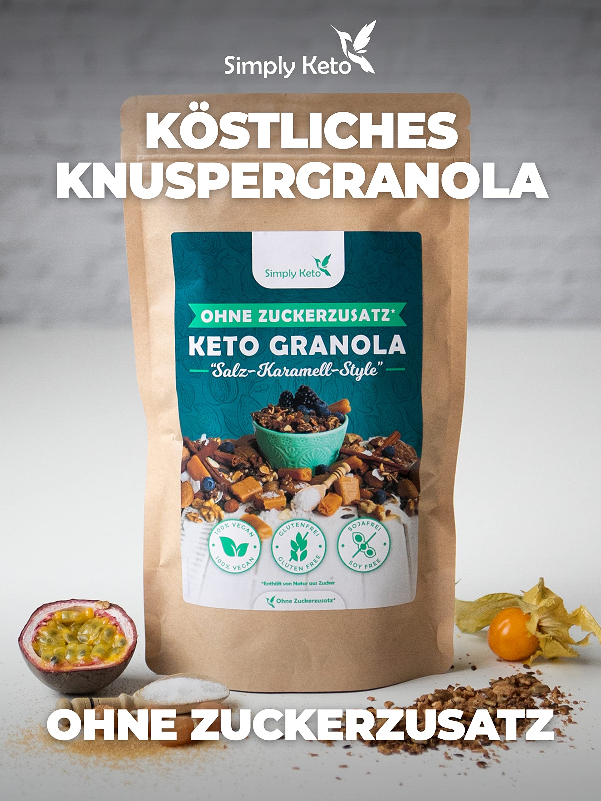Simply Keto Muesli Crujiente caramelo salado - Muesli bajo en carbohidratos sin azúcar - 500g Delicioso Muesli Keto para un desayuno perfecto - Paleo y Vegano - Sin soja, lactosa y gluten - 500g