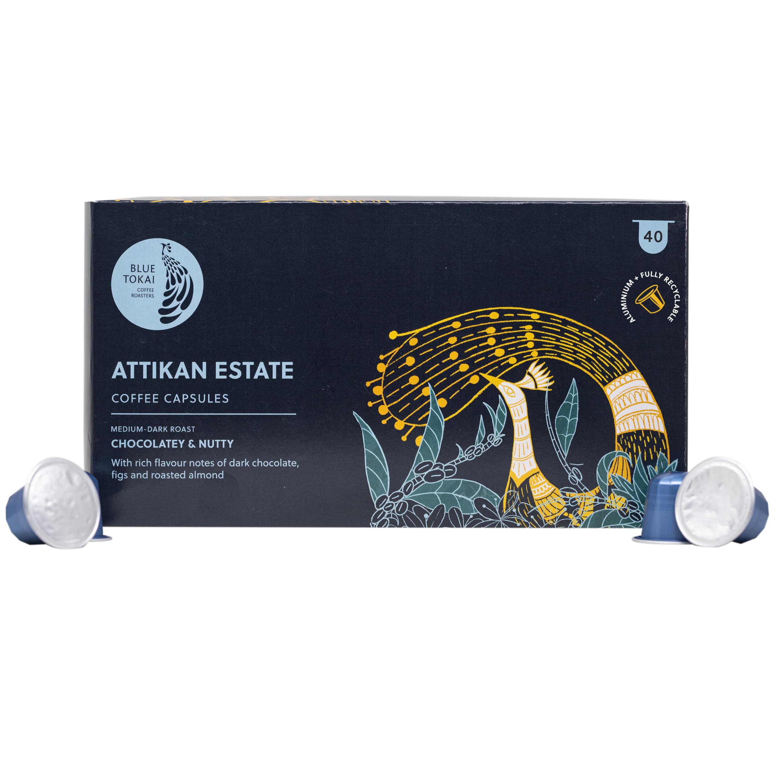 Blue Tokai Coffee Roasters Aluminium Capsules | Attikan Estate - Medium Dark Roast | 100% Arabica | Speciality Coffee | Nespresso Compatible Coffee Pods | 40 Pods In Pack