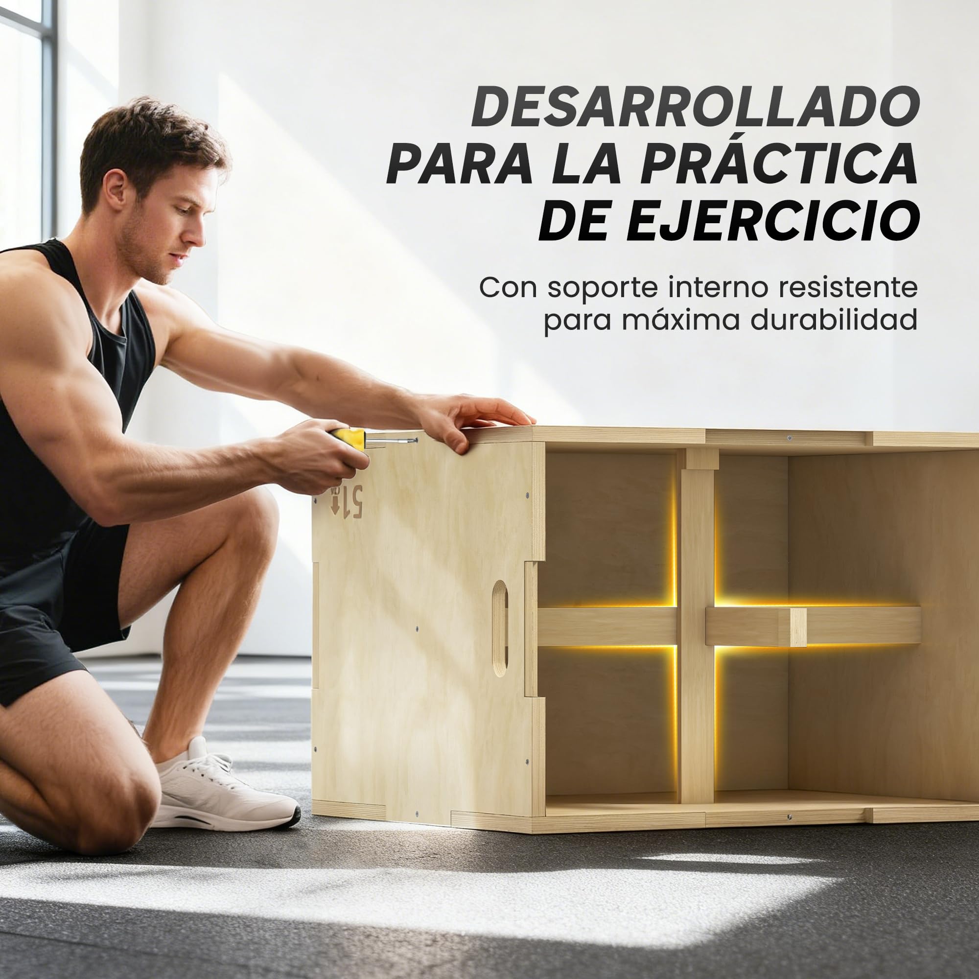 HOMCOM Cajón Pliométrico de Madera 3 en 1, Plataforma de Caja Pliométrica con 3 Alturas Diferentes, 2 Mango Hueco, Entrenamiento de Salto, Fuerza, para Casa, Gimnasio y Exterior, 61x51x76 cm