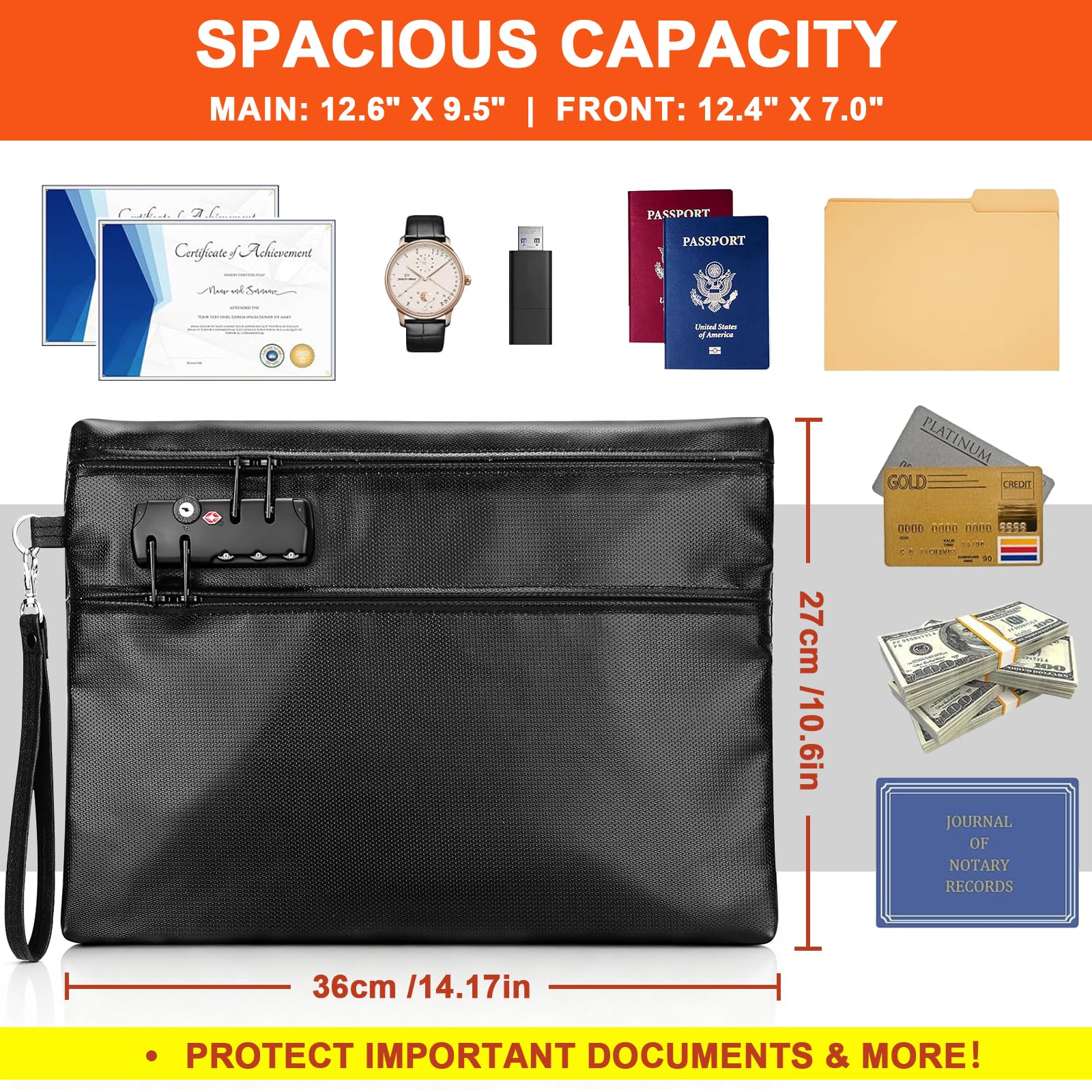 Bolsa de Documentos Resistente al Fuego de 6400°F con Cerradura de Combinación - Bolsa para Dinero Resistente al Calor para Efectivo, Pasaportes, Escrituras, Teléfonos, Bolsa Impermeable Resistente al