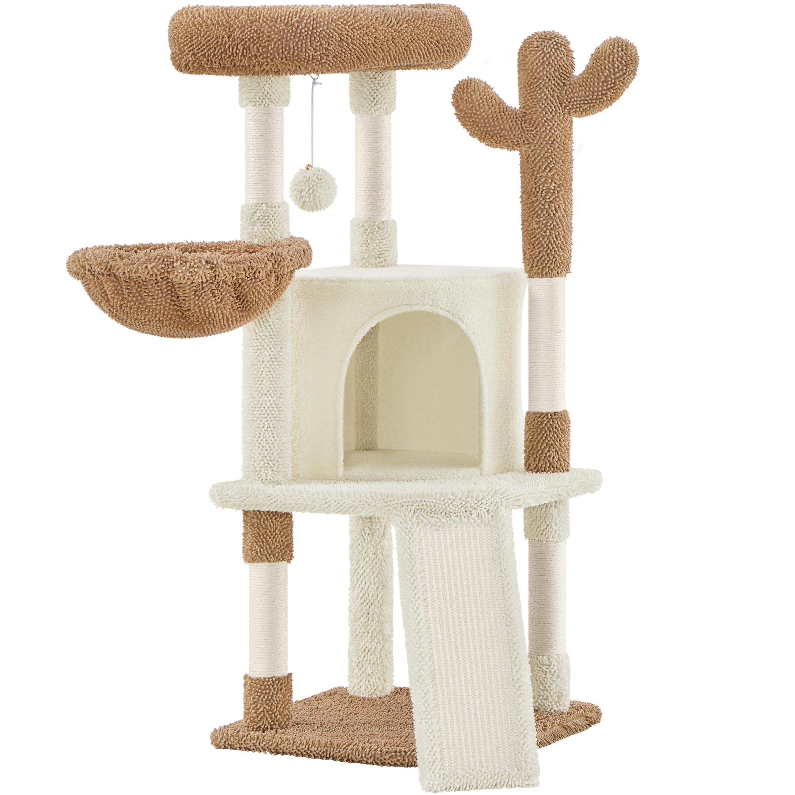 Yaheetech Arbre à Chat Cactus Hauteur 106,5 cm Tour pour Chat en Tissu Moppy avec Poteaux en Sisal Plateformes Niche Panier Perchoir Griffoirs Maison (Beige/Marron)