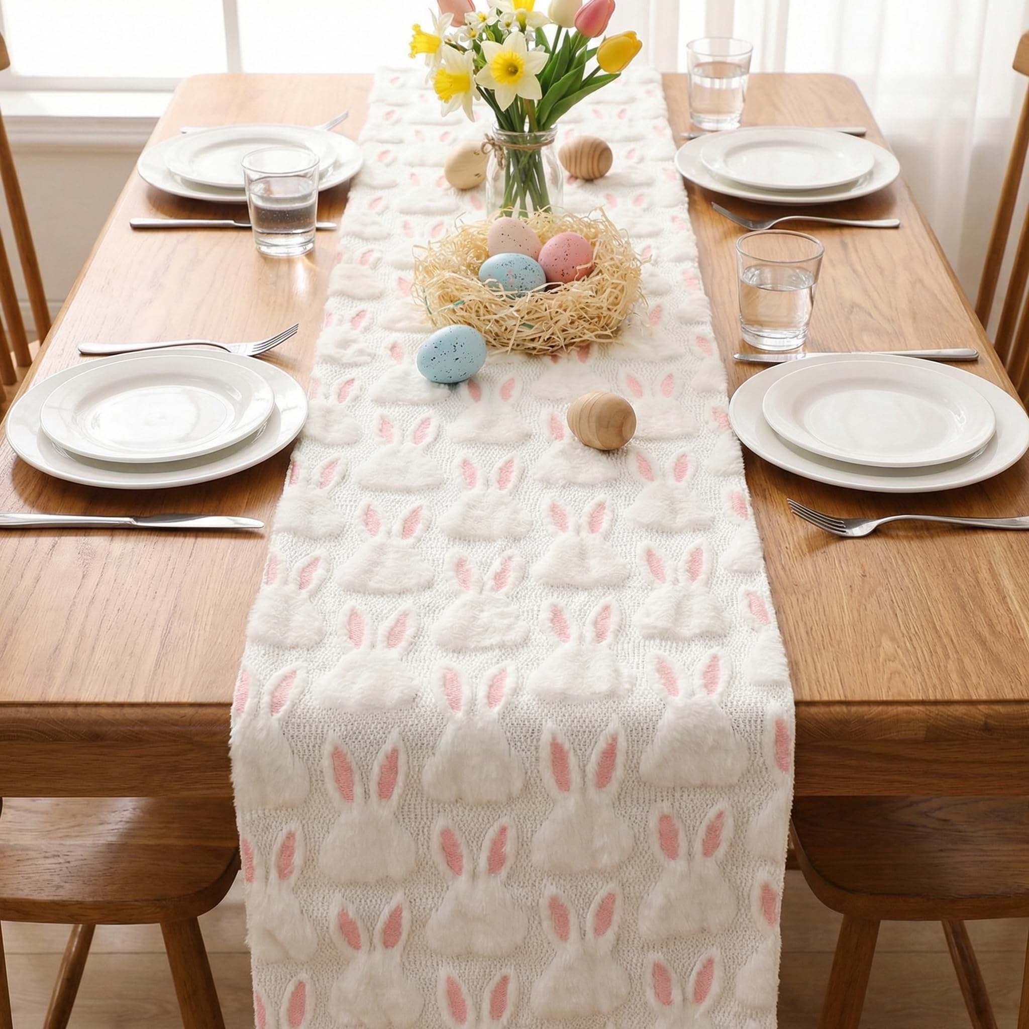Zidoley Ostern Tischläufer 3D Plüschkaninchen Osterdecken Tischläufer Frühling Osterdeko Küche Tisch Dekoration Drinnen Urlaub Party Dekor 40x140 cm Spielzeug
