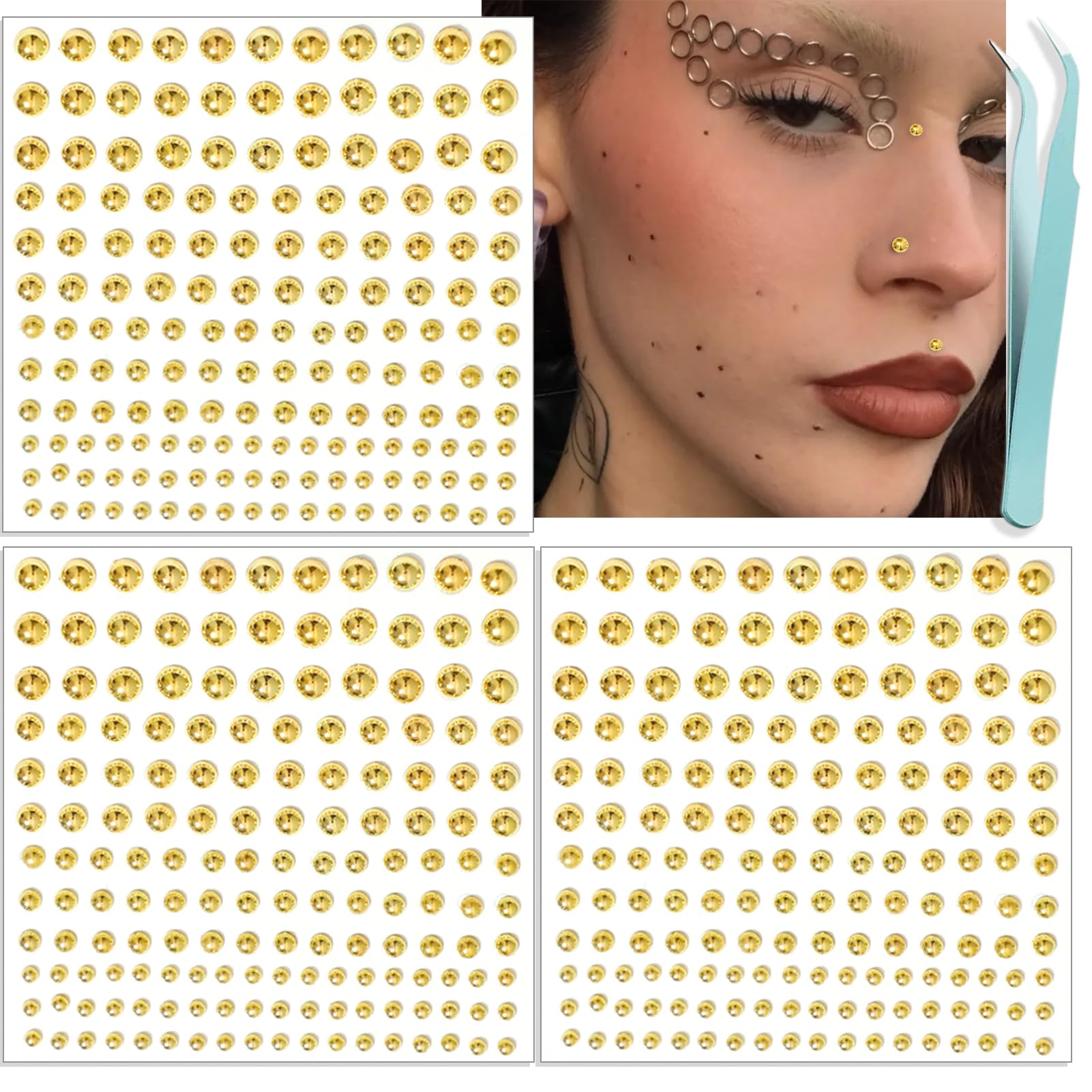 NOOEPC Face Gems Lip Stud, Fake Nose Stud Eyebrow Stud, Non Piercing Nose Stud Stick on Silver Belly Button Sticker, Music Festival Cool Punk Y2K Makeup Golden