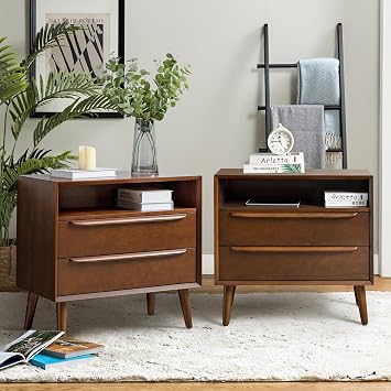 HULALA HOME End Table with Charging Station, Mid-Century Modern 2 Drawer and Open Shelf, Fluted End TableWalnut, Set of 2