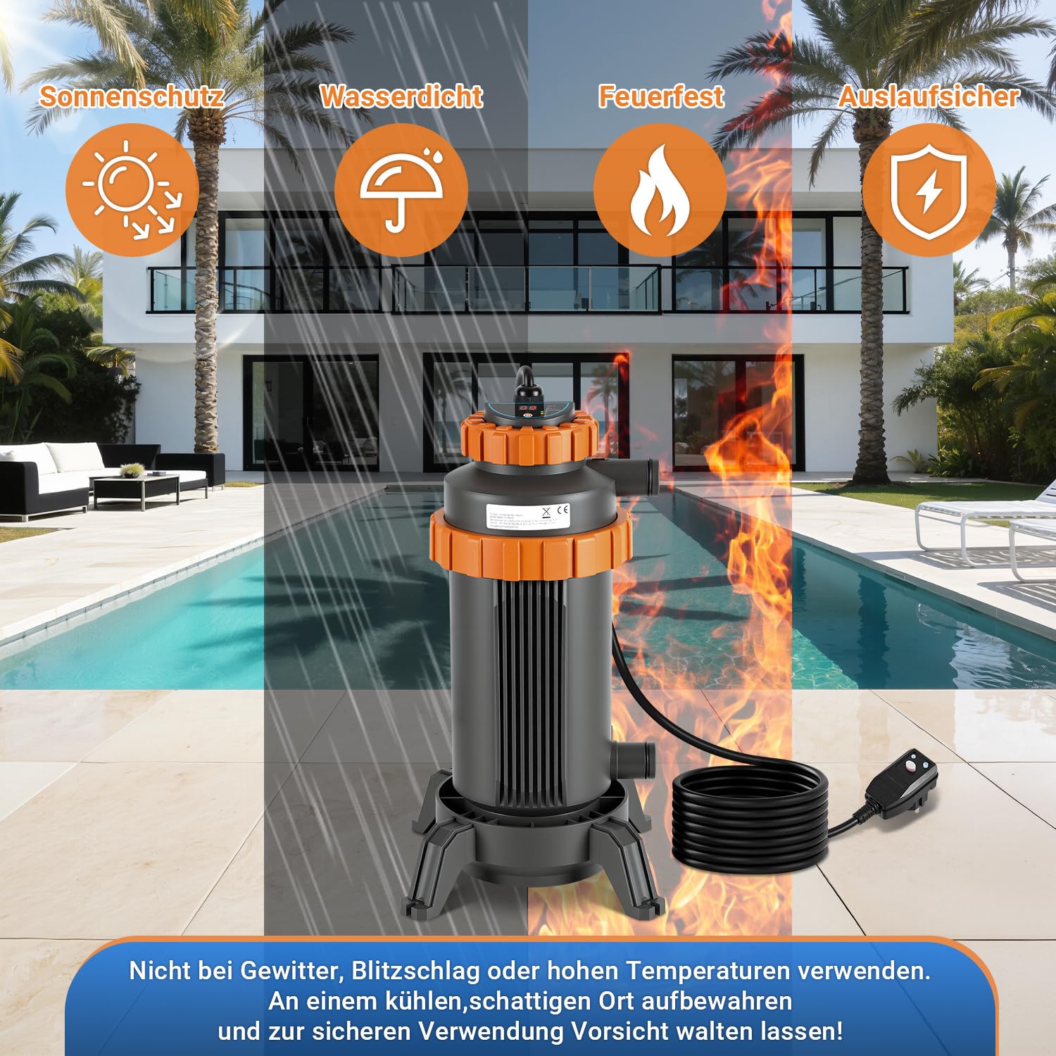Calefacción para piscina de agua caliente, diámetro de 17 x 42 cm, con pantalla digital y conservación automática del calor, conexión de 32 a 38 mm