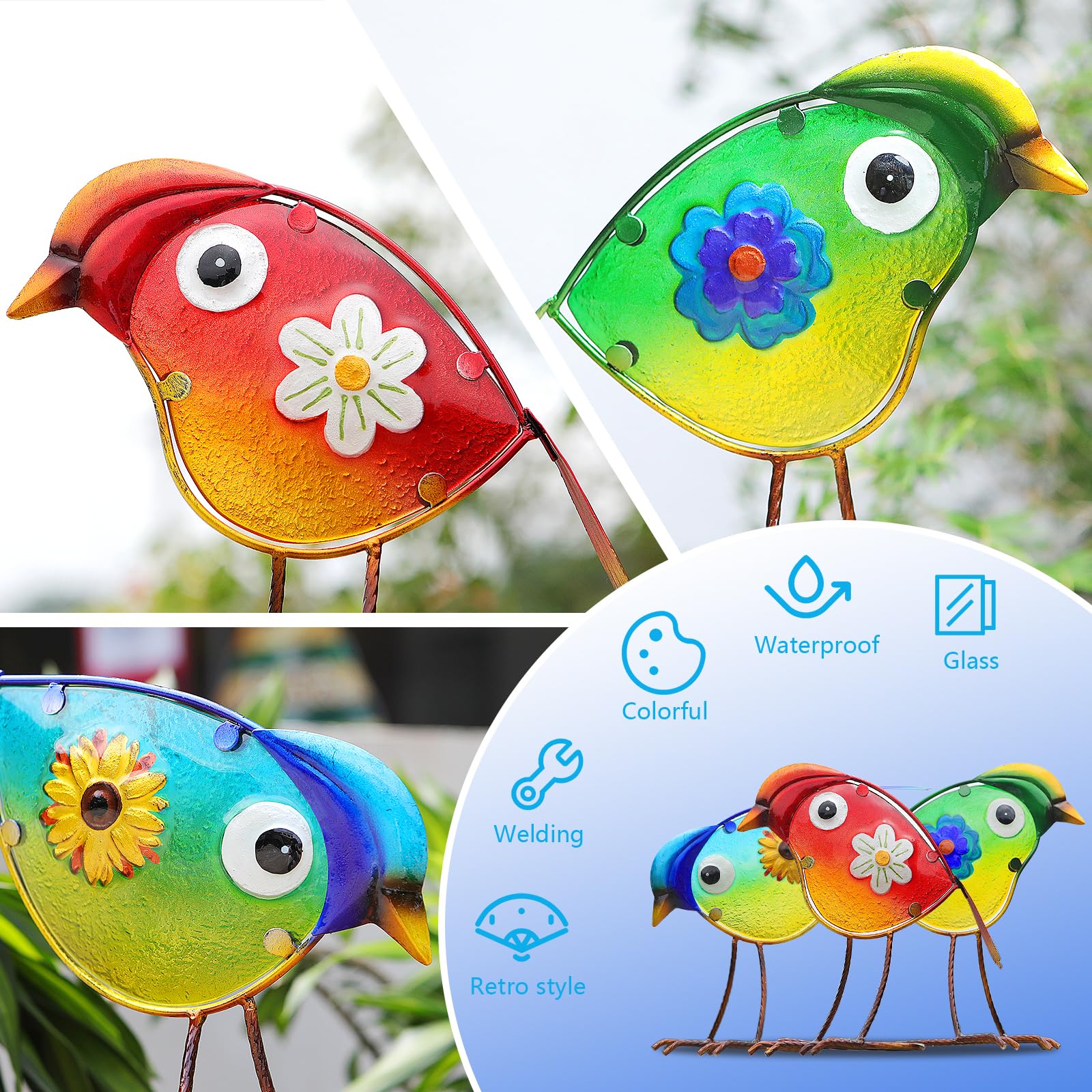 Bird Garden Decor Set of 3 Metal Glass Outdoor Yard Art Patio Lawn Decor view 3