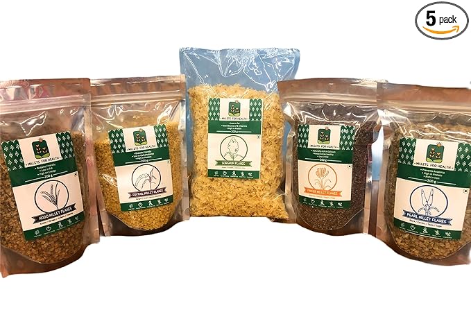 Millets for Health Millet Poha/Flakes/Aval Combo Pack 5 Unpolished Millets Poha. Foxtail 200 g, Kodo 200 g, Ragi 200 g, Jowar (Sorghum) 200 g, Bajra 200 g Gluten Free. High Fibre.