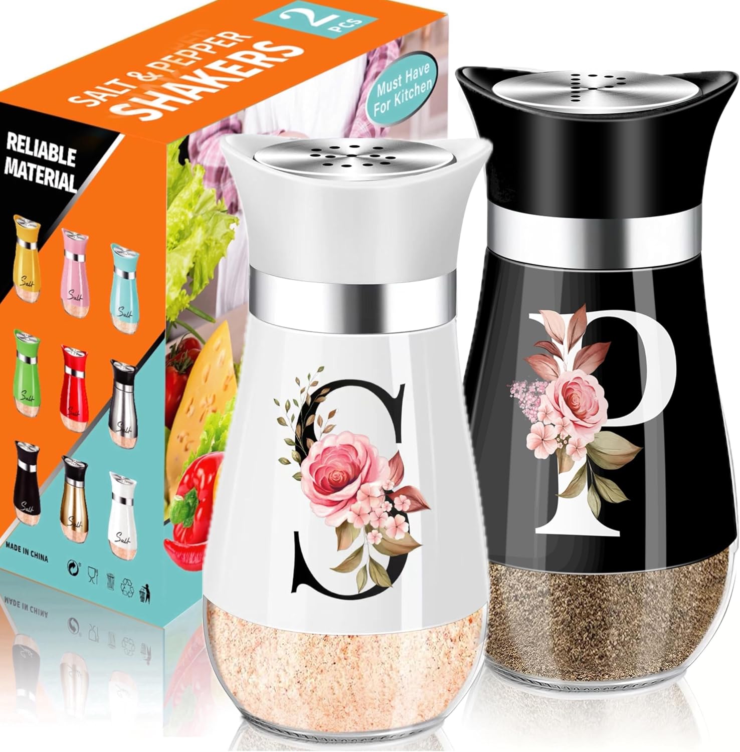 Salt and Pepper Shakers Set, 4 oz black kitchen decor, Stainless Steel & Glass Spice Dispenser Classic, Refillable Design, Farmhouse Salt Pepper Shakers Cute Kitchen Decoration (Black and White）