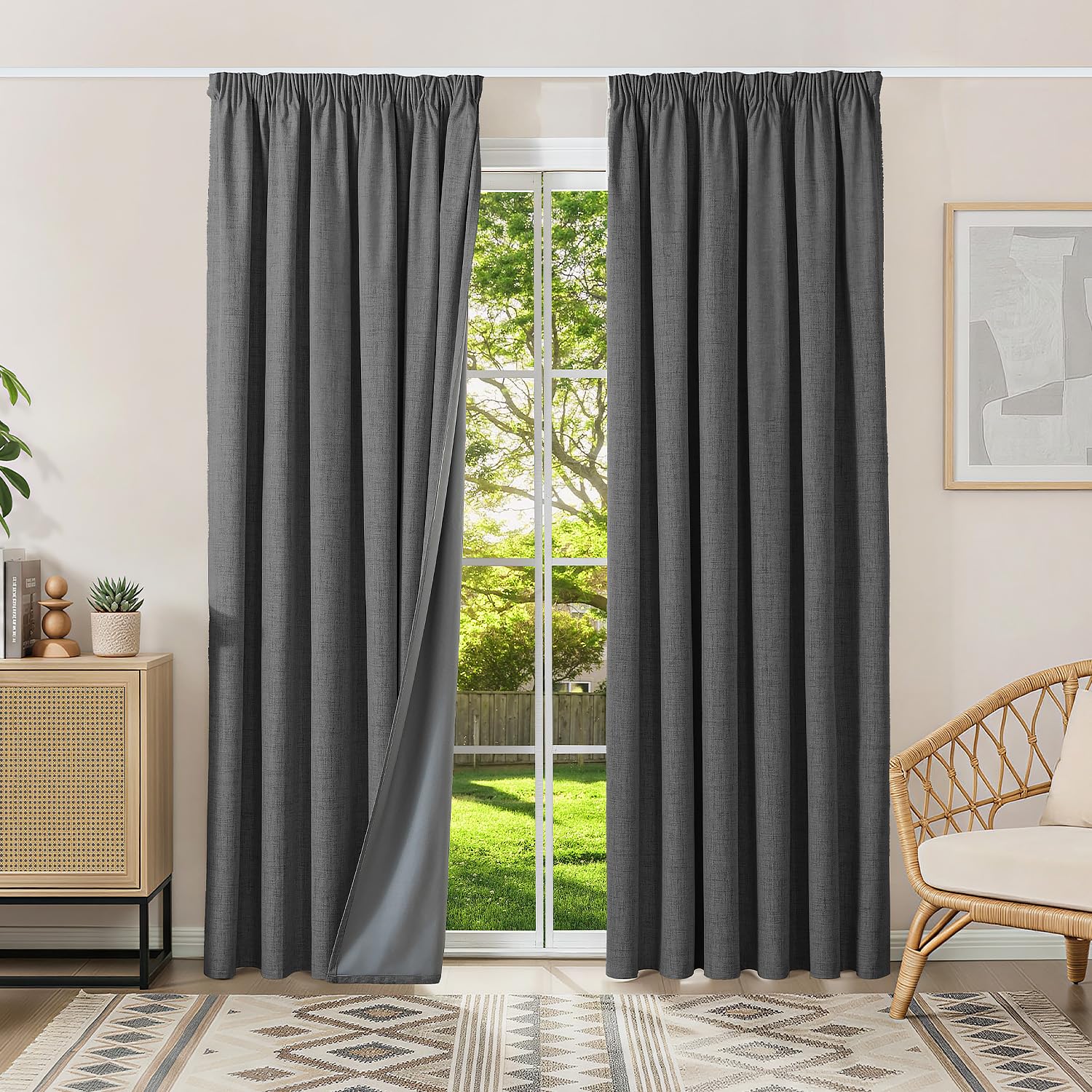 Runyéla 100% Blackout Curtains Pencil Pleat Linen Curtain for Bedroom Living Room Thermal Insulated 90 x 90 Inch Drop 2 Panels Gray