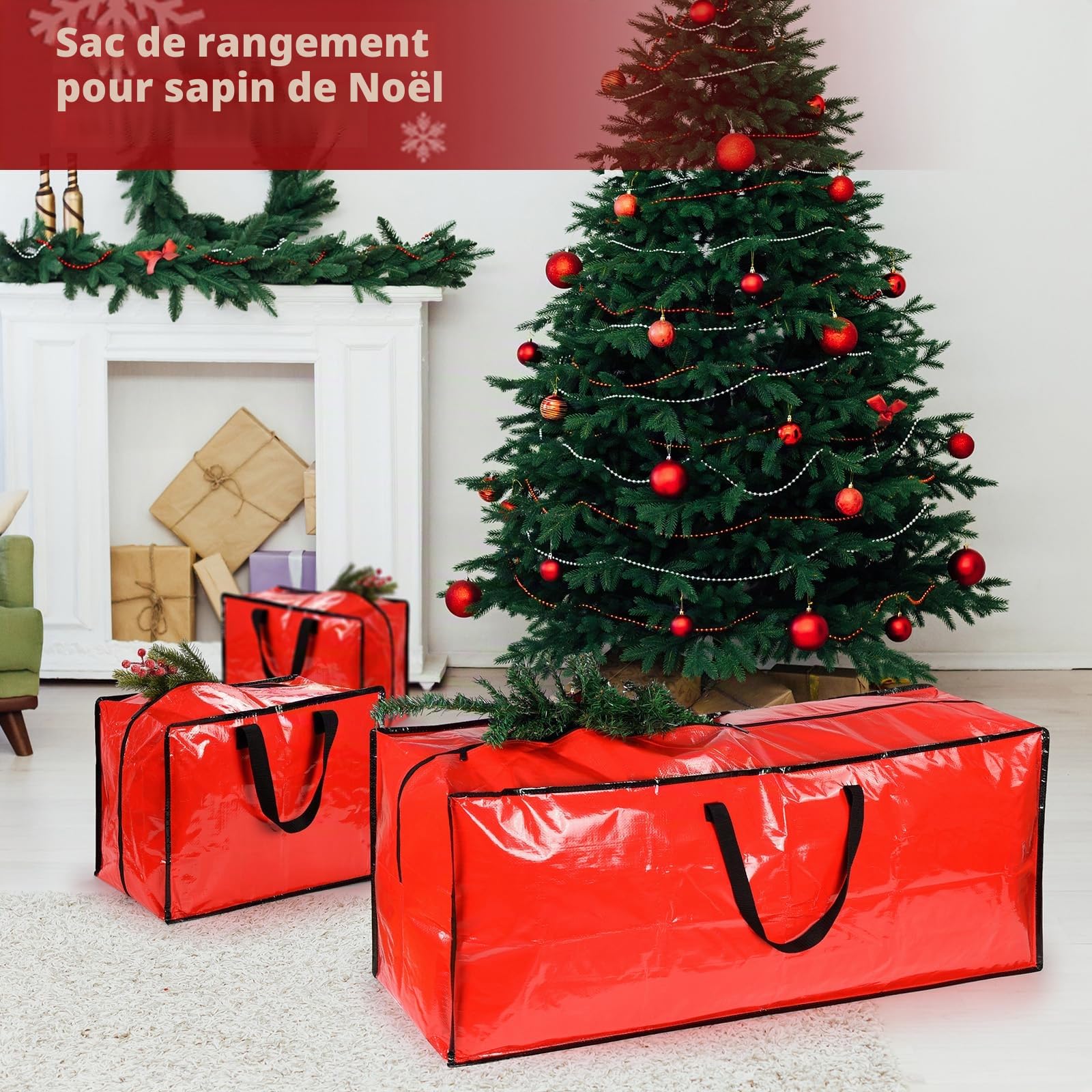 Lot de 4 sacs de rangement extra larges pour sapin de Noël avec 3 sacs de décoration de Noël pour arbres de Noël, boules de Noël, boîtes de rangement faciles à transporter, sacs de rangement