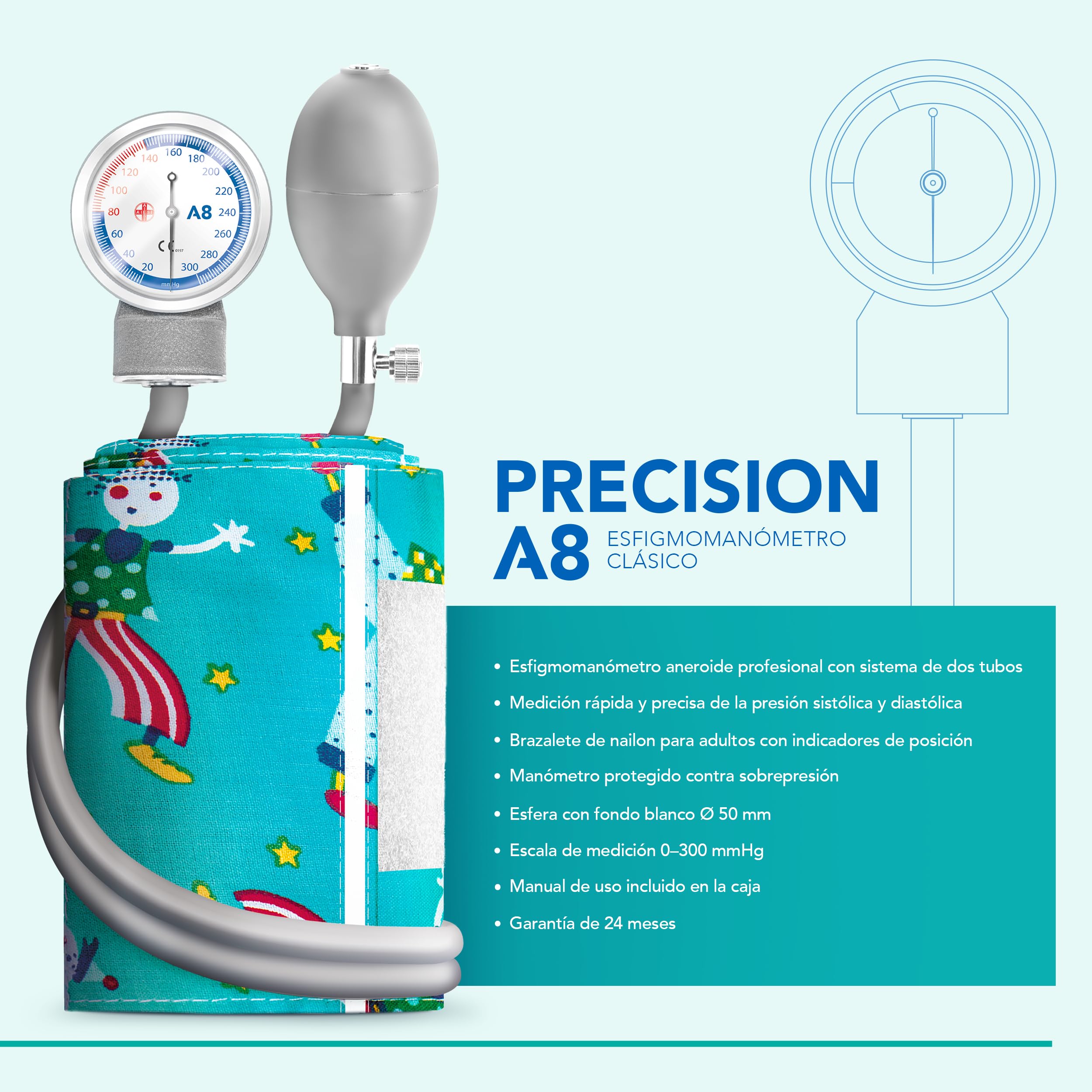 AIESI® Esfigmomanometro Manual Pediatrico Profesional Aneroide Tensiómetro clásico con brazalete de colores para ninos PRECISION A8, Garantía 24 meses