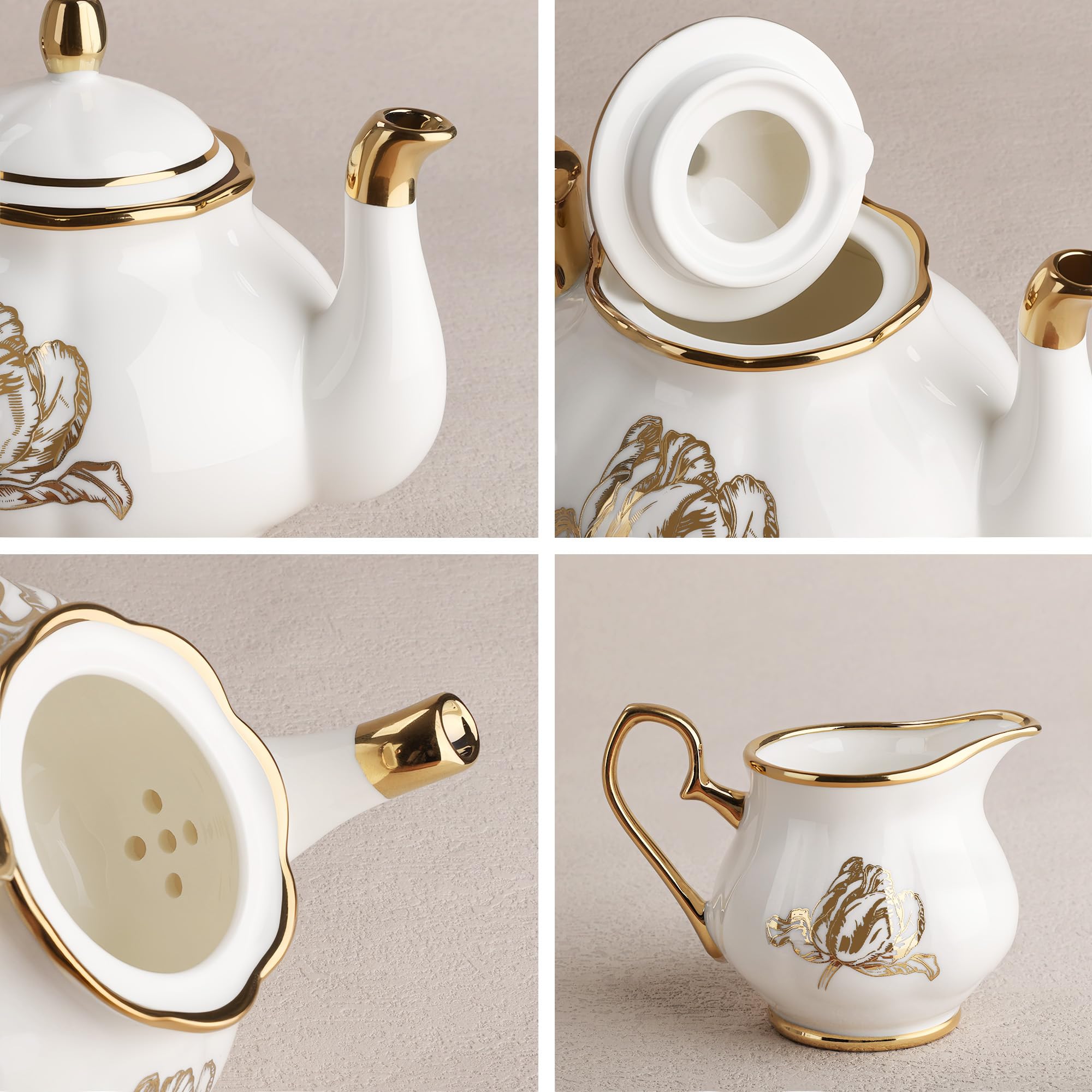 fanquare 21-częściowy zestaw do herbaty z brytyjskiej porcelany kostnej, zestawy do kawy Gold Tulip na przekąskę, 6 filiżanek do herbaty i spodków do kawy w domu, na ślub, urodziny