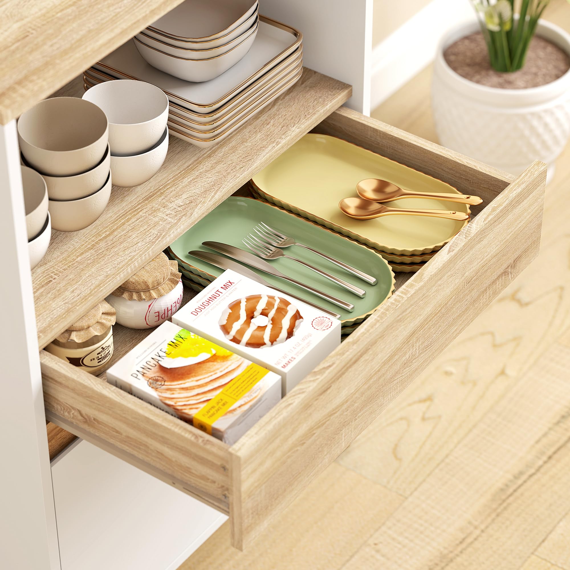 HOMCOM Mobile Microonde con Armadietto a 2 Ante Soft Close, Credenza Cucina Microonde con Cassetto, Piano per Elettrodomestici, Scaffale Superiore, Ripiano Aperto, per Soggiorno, 60x40x131cm, Bianco