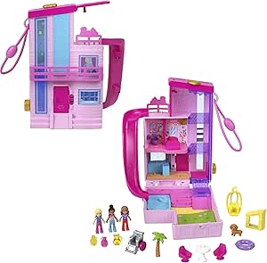 Polly Pocket Barbie Dreamhouse Compact, Dollhouse Playset with 3 Micro Dolls, 1 Puppy, 11 Accessories, Elevator &amp; Pool