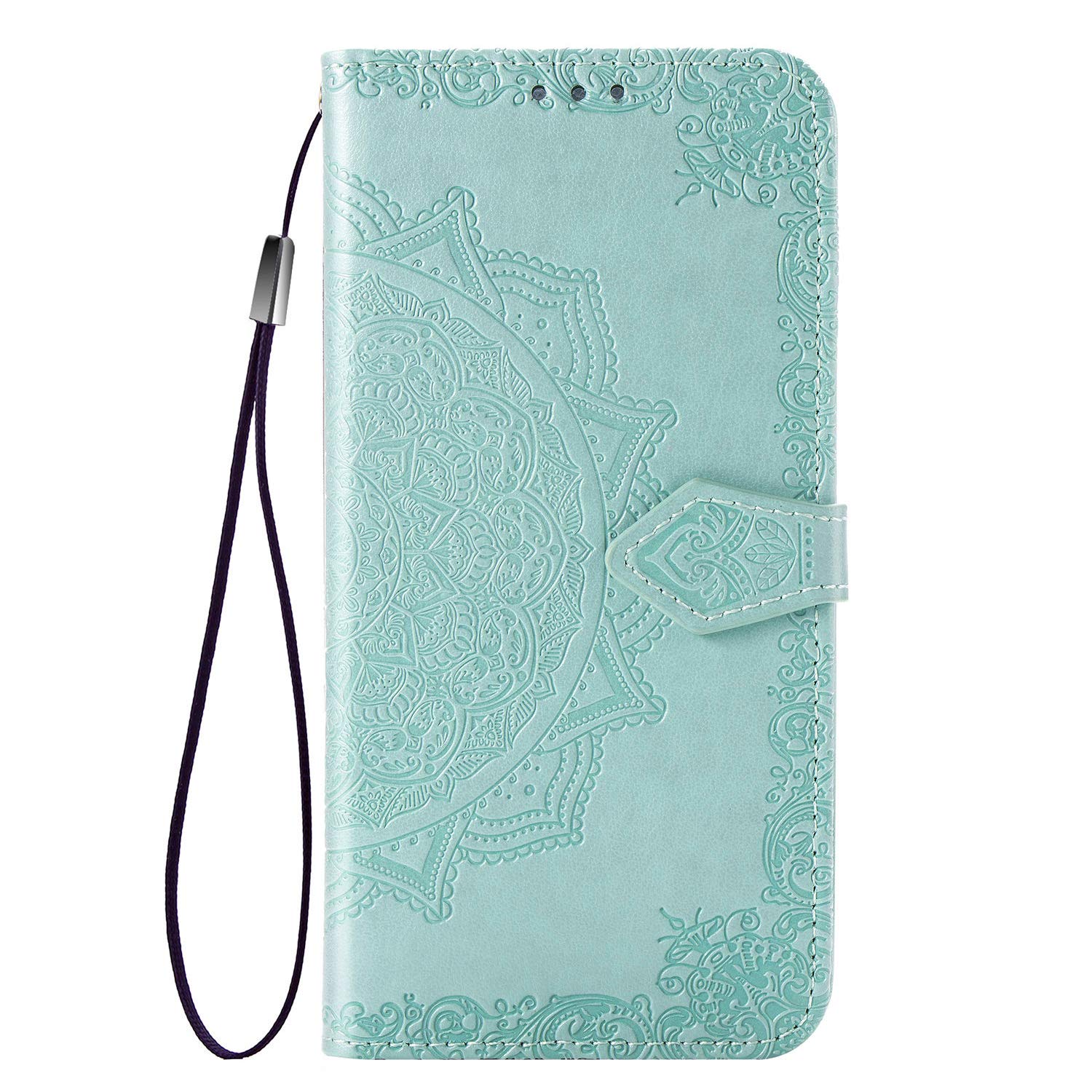 Flip Floral Wallet Case iBarbe Compatible iPhone 11 6.1 inch Case,3D Embossing Datura Mandala Flower,Wrist Strap [3-Slots] ID&Credit Cards Pocket KickstHolder Premium PU Leather-Teal