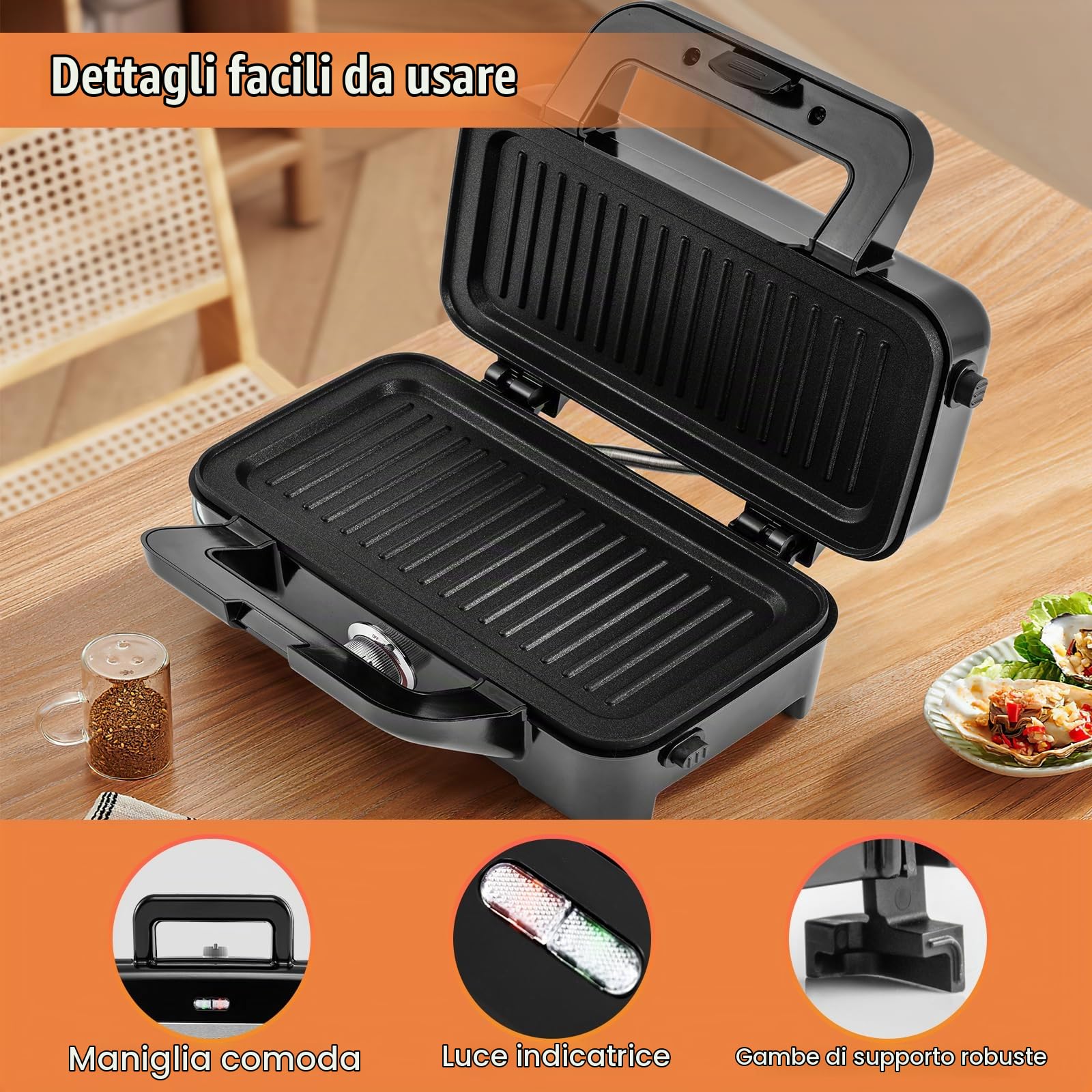 SOARS Tostapane 1200W, Piastra per Panini Sandwich Waffle 3 in 1, 5 Temperature Regolabili, Doppia Faccia, Piastra Grill Rimovibile e Lavabile, Protezione contro Surriscaldamento, Nero
