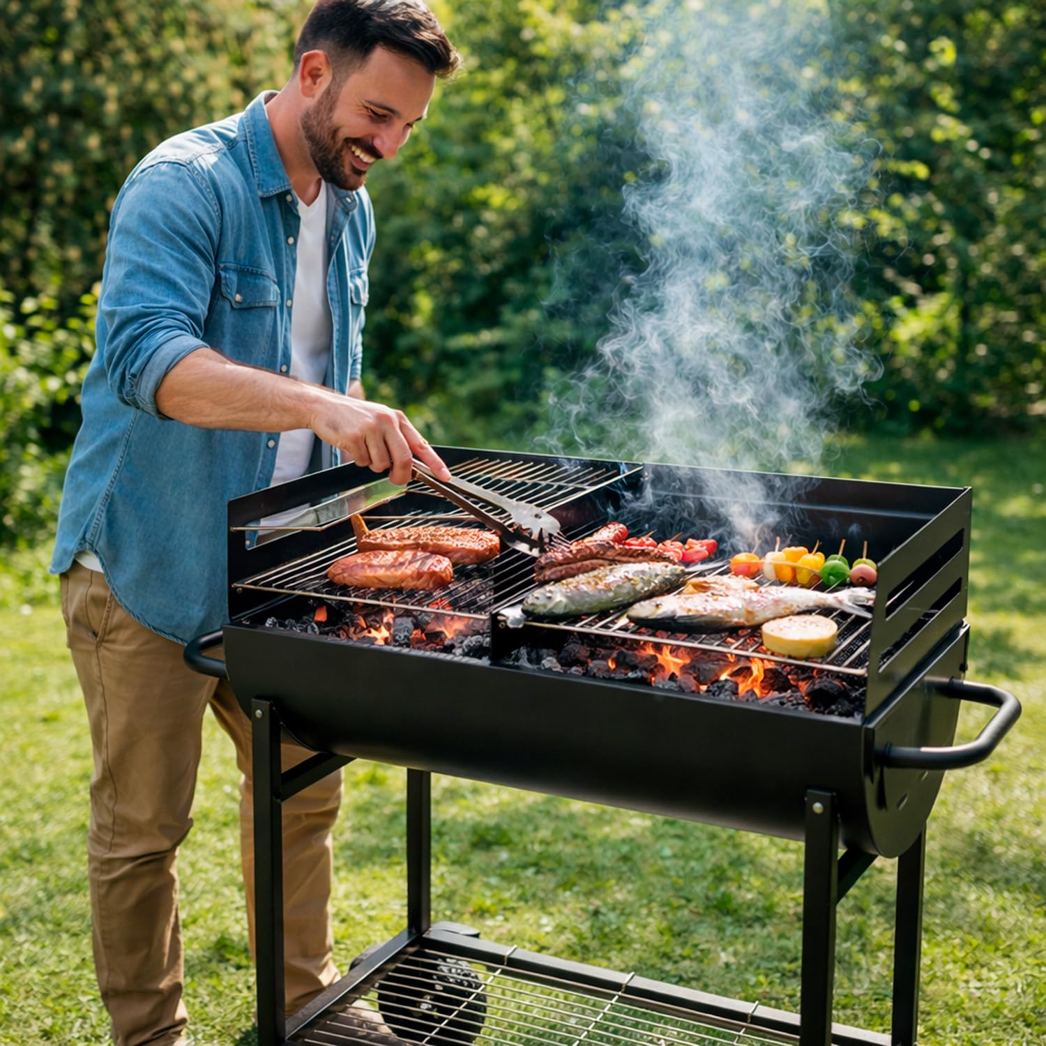 Barbecue A Carbone Con 2 Griglie Regolabili BBQ In Acciaio Resistente Con Ruote E Ripiano Portaoggetti Ideale Per Giardino Terrazzo E Grigliate All Aperto 90 x 45 x 96 Cm Nero