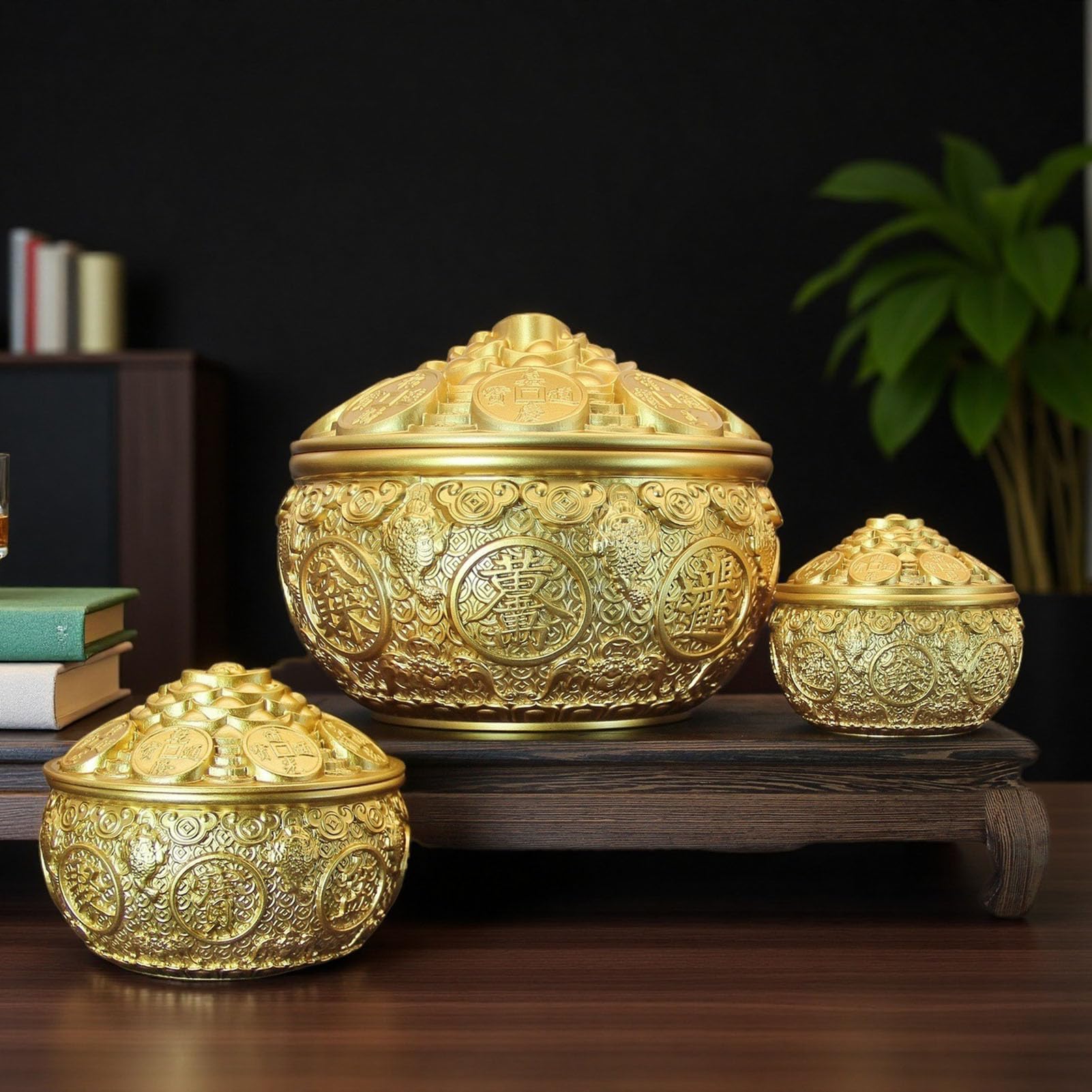 Miska na skarby Feng Shui ze złotego mosiądzu - ręcznie robiony symbol bogactwa i obfitości, elegancki metalowy wystrój na biurko w domu Medytacja Ołtarz centralny,9CM
