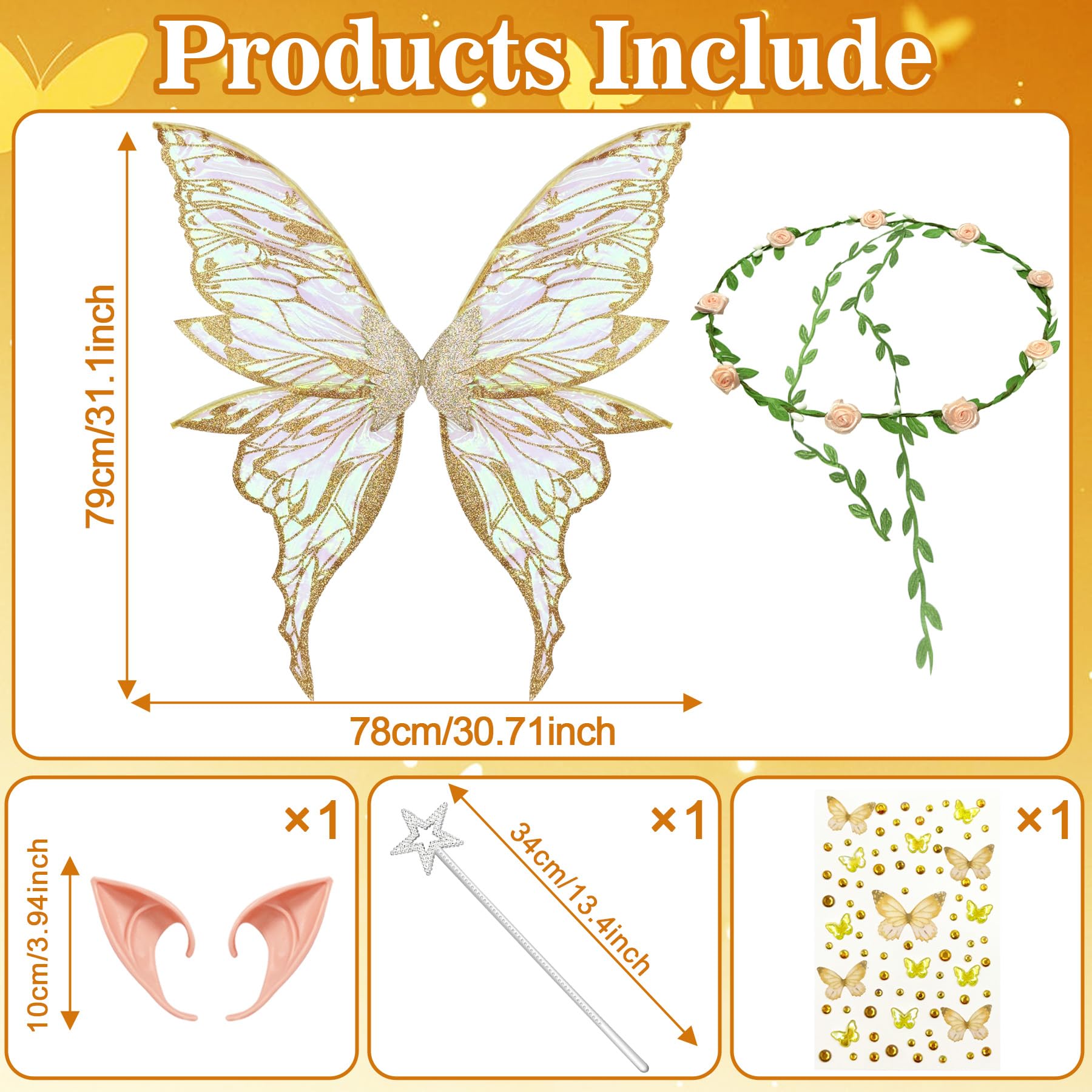 YeahBoom Children's fairy wings, butterfly wings with elf ears, fairy headband and star fairy wands, butterfly wings - Image 2
