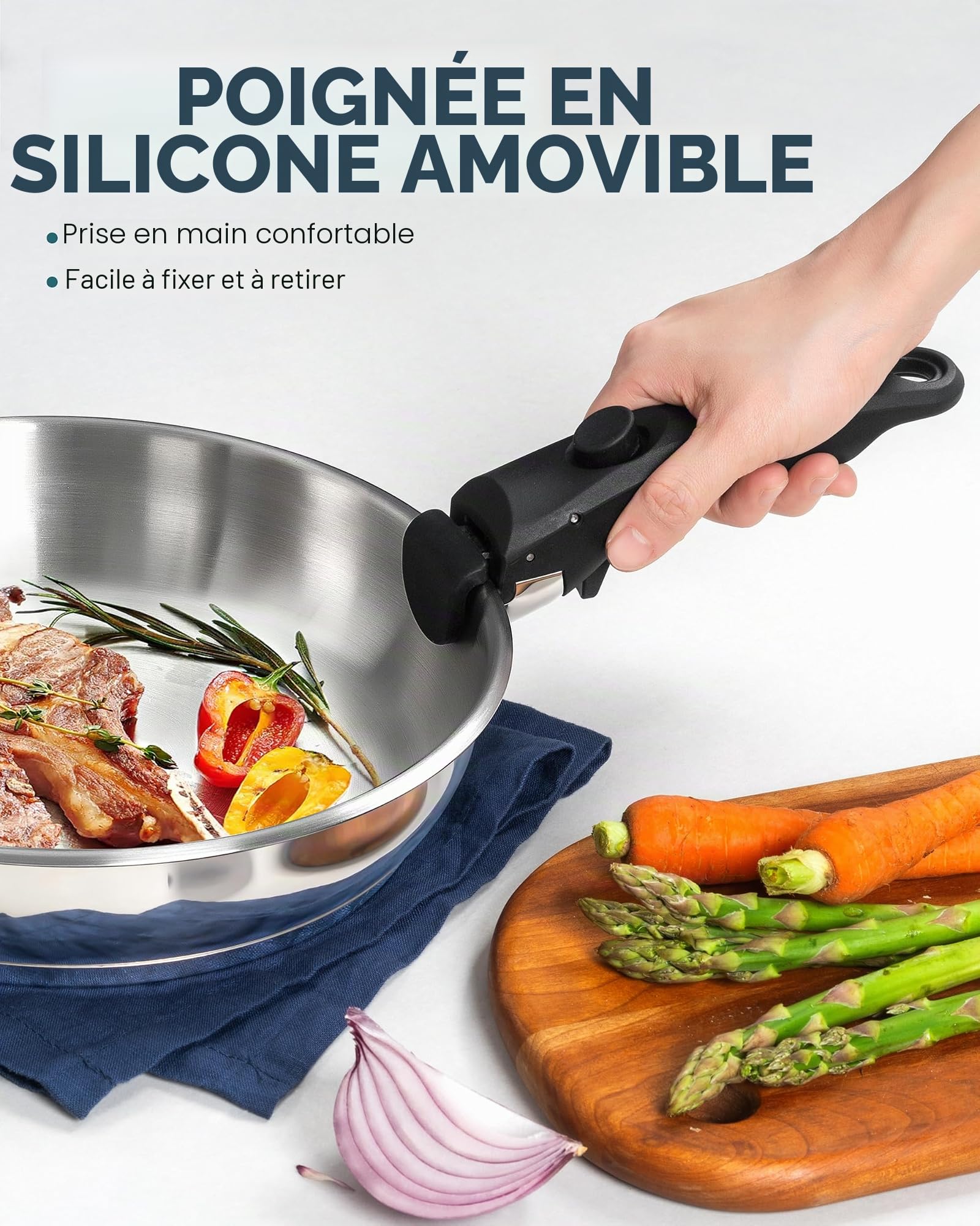 MICHELANGELO Ensemble de poêles à frire en acier inoxydable avec poignée amovible, triple base en acier inoxydable, compatible avec induction - 20,3 cm, 24,1 cm et 27,9 cm