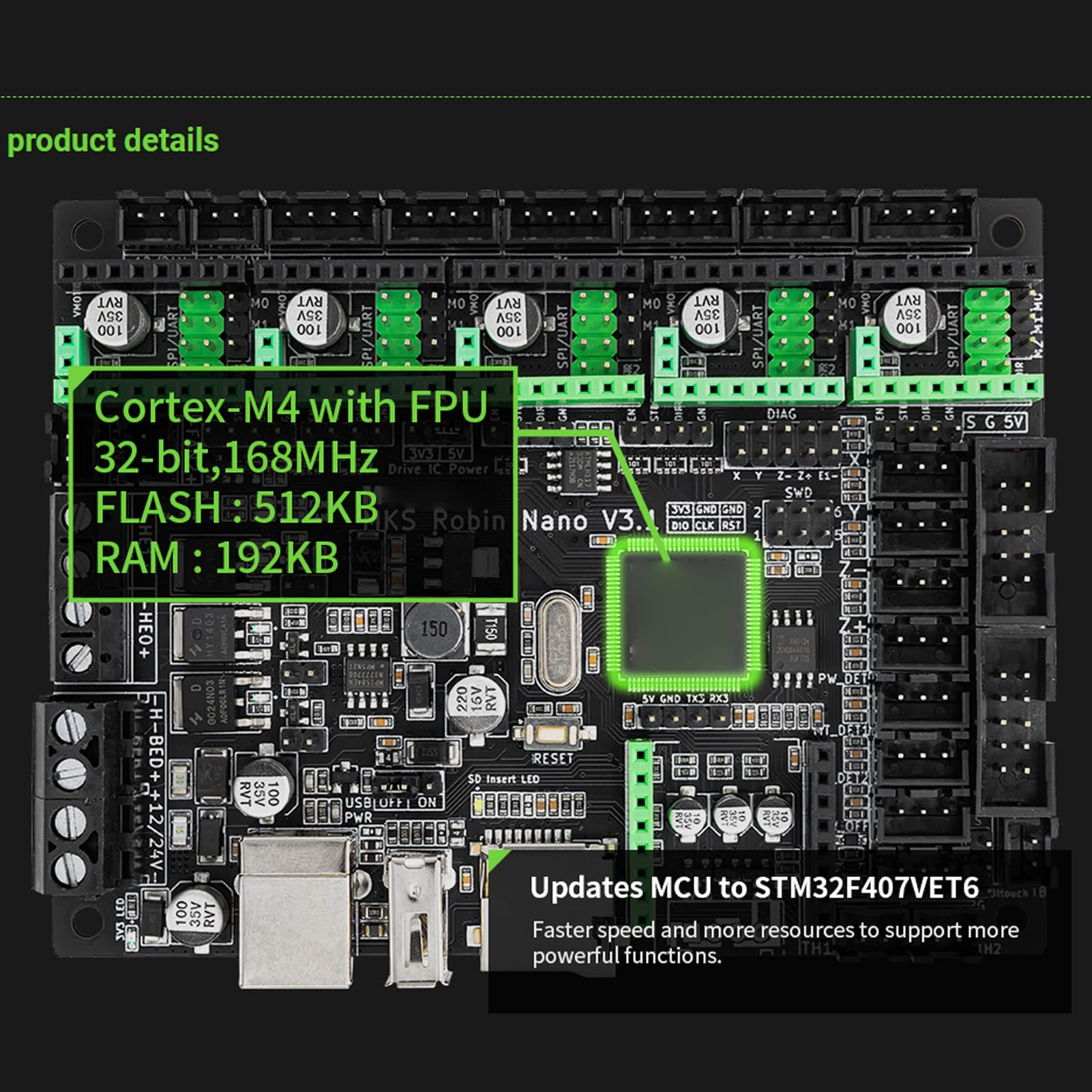 Mini V3.1 Carte de Contrôle 32bit Silencieux Carte Mère pour Imprimante 3D, Carte Mère Supporte Le Module Wifi, 2 Ventilateurs Contrôlables par PWM et Support L'axe z Double, 512KB Flash 192KB(#1)