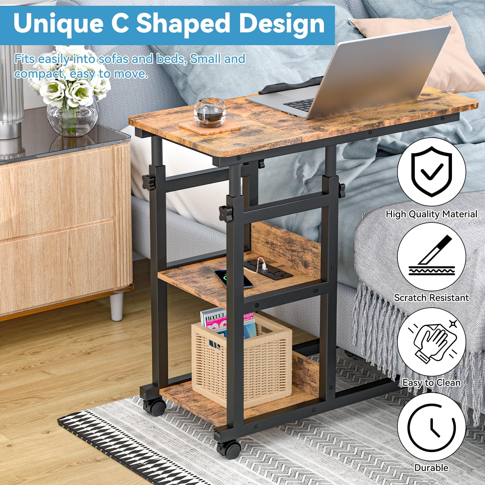 80x40 cm Mesa Rodante para Sofá Cama con Estación de Carga, Mesa Auxiliar con Ruedas para Portátil Altura Ajustable 65-90cm para Dormitorio, Oficina, Madera