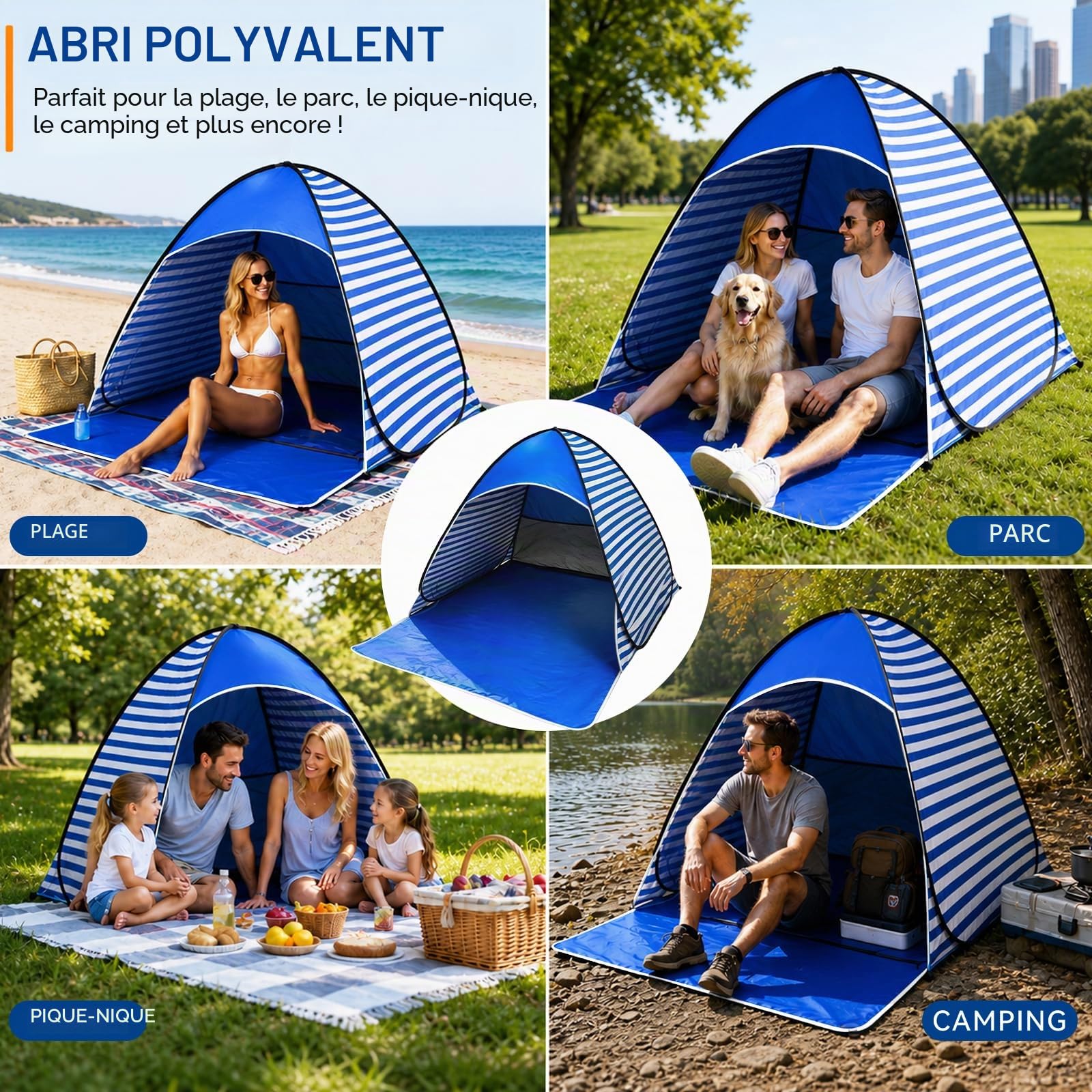 Tente de Plage Pop-Up, Abri de Plage Pop-Up, Protection UV 50+, pour 2 à 3 Personnes, avec Sac de Rangement et Sardines, Idéal pour Le Camping Familial, Les Pique-niques et la Plage (Bleu)