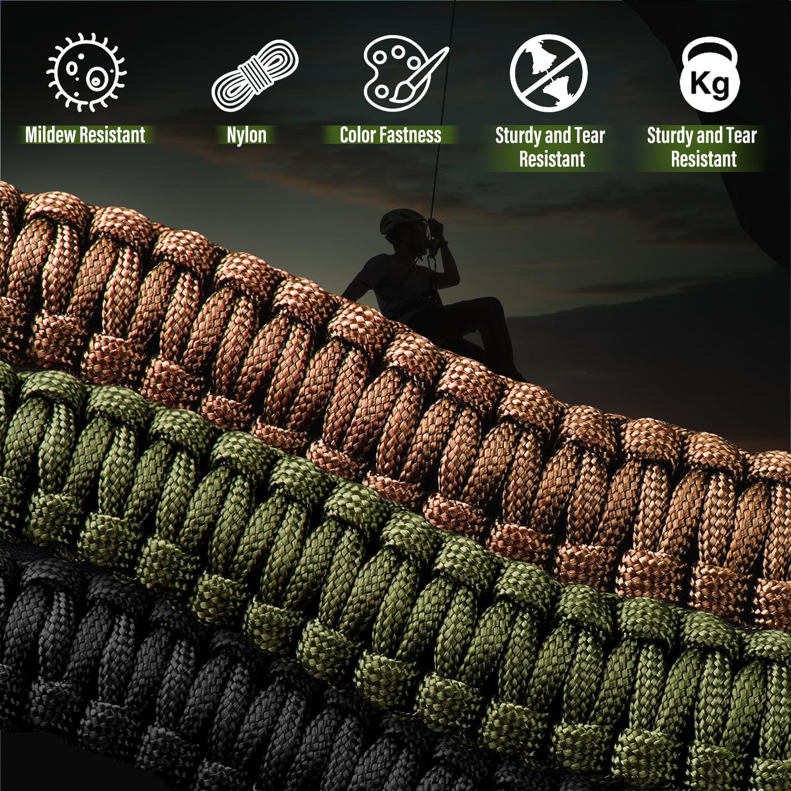 Paracorde 4mm x 10 m, 7 Brins, 5pcs Corde Nylon, Paracord pour Survie, Extérieur, Bricolage, Balançoire d'arbre, Escalade (50m)