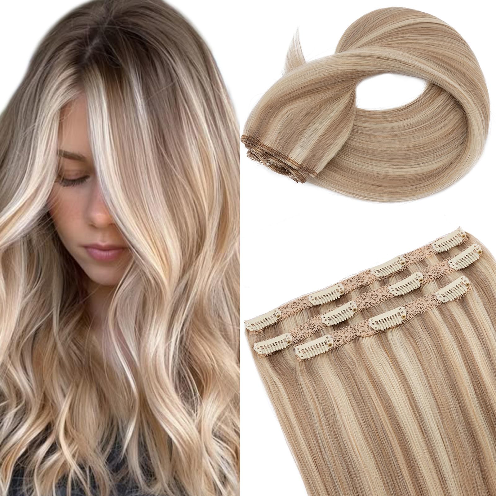 Elailite Clip In Hair Extensions Real Human Hair Remy #12/613 Golden Brown Mix Bleach Blonde Double Weft Seamless Hairpieces Straight 12 Inch (60 g) 60g 3 Pieces