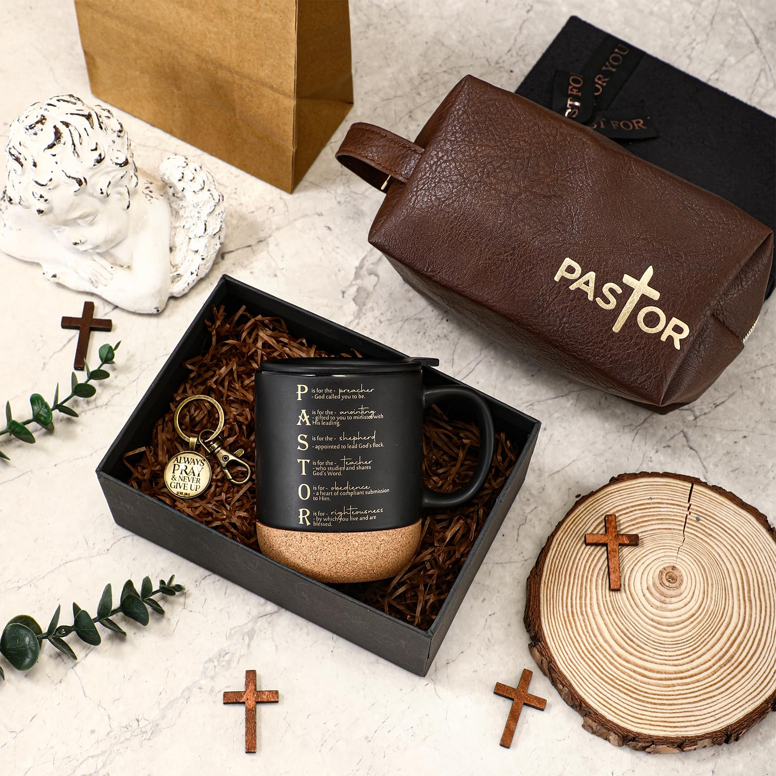 Dansydaisy 3 Pcs Fathers Day Church Gifts 13.5 oz Ceramic Cup with Lid Man of God Religious Leather Bag and Inspirational Christian Keychain for Men Pastor Church Welcome Gifts(Pastor,Brown)
