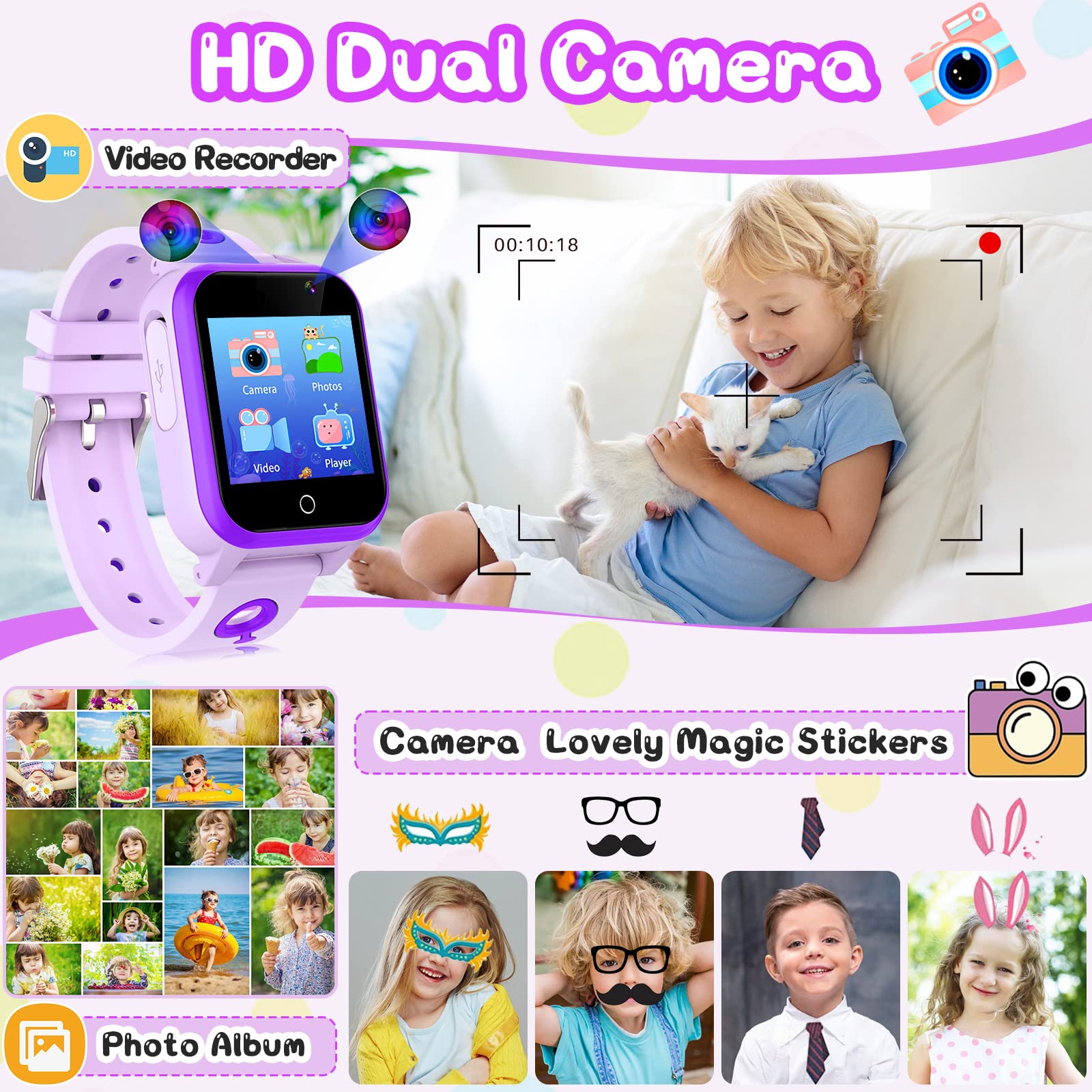 Montre intelligente de jeux pour enfants avec écran tactile, 18 jeux, appareil photo, podomètre, réveil, lecteur MP3, montre musicale pour enfants, garçons et filles, cadeau de Noël et