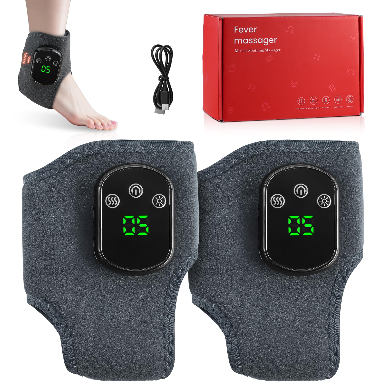 Massaggiatore Per Piedi, 2PC Massaggiatore Elettrico Riscaldato,USB Ricaricabile massaggiatore per Caviglie con 3 Modalità di Vibrazione,5 Velocità di Calore per Massaggio e Sollievo Disagio