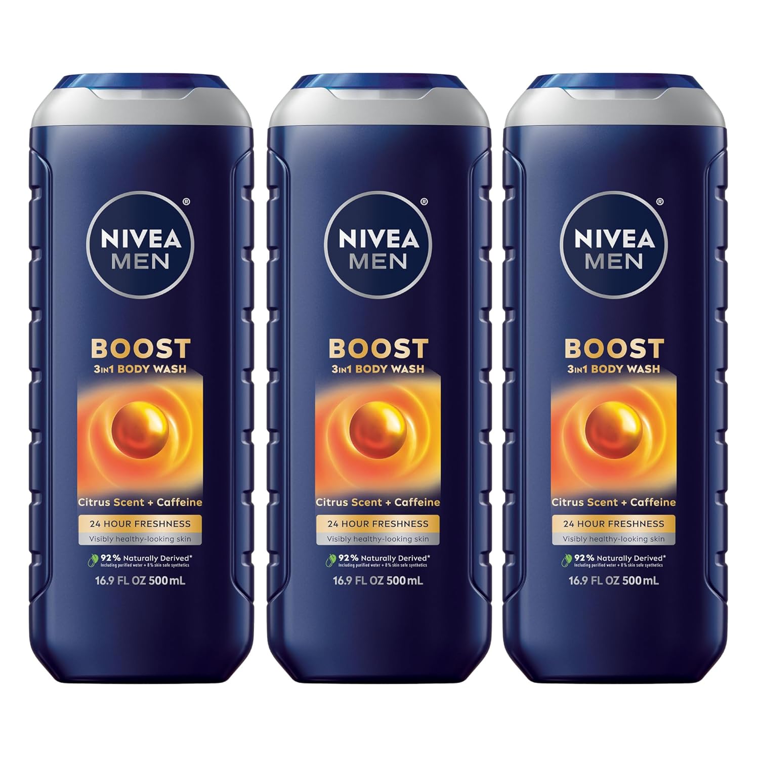 NIVEA MEN Boost Body Wash, Citrus Scent and Caffeine Enriched, 3-in-1 Men’s Body Wash, Face and Hair, Paraben Free, Vegan Formula, 16.9 Fl Oz Bottle, Pack of 3 NIVEA MEN Boost Body Wash, Citrus Scent and Caffeine Enriched, 3-in-1 Men’s Body Wash, Face and Hair, Paraben Free, Vegan Formula, 16.9 Fl Oz Bottle, Pack of 3