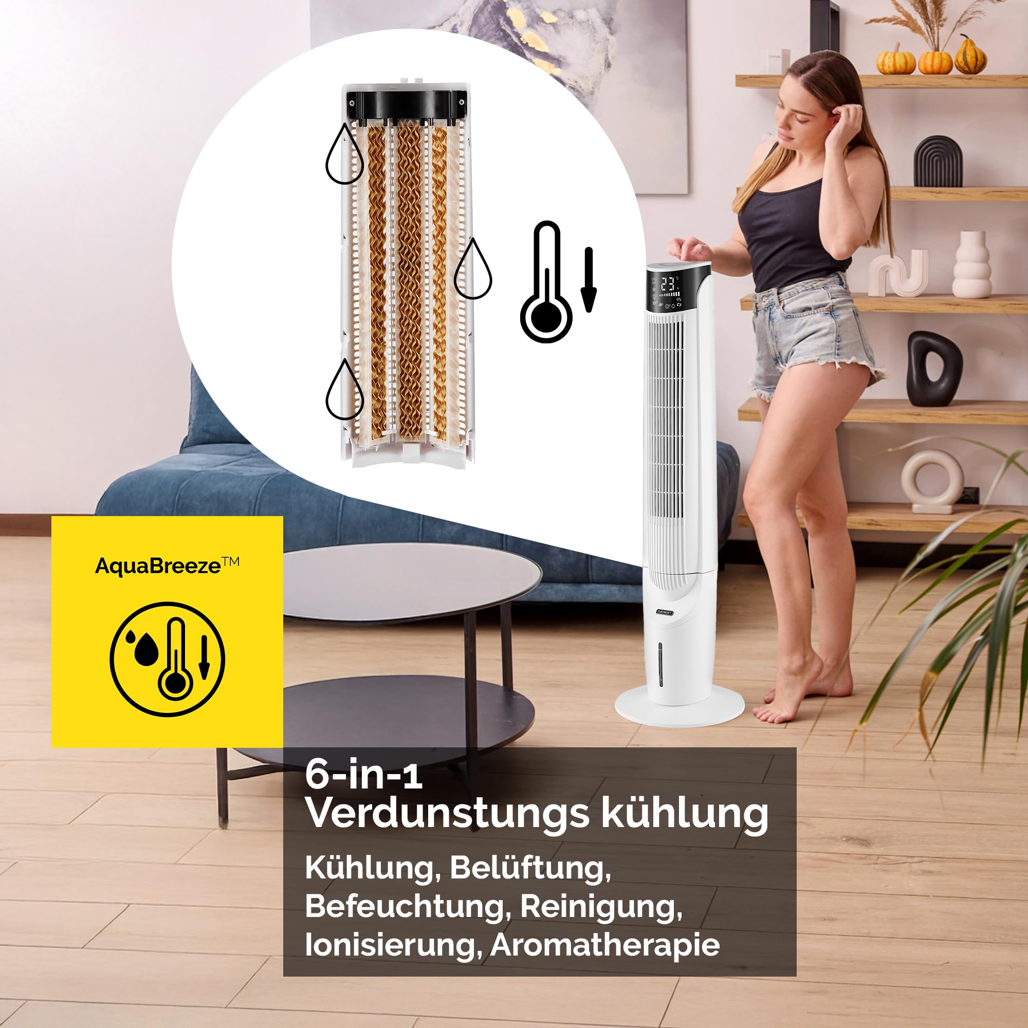 Yoer Luftkühler mit Wasserkühlung, 6-in-1 Ventilator, Luftbefeuchter, Ionisator, Luftreiniger, Aromatherapie, Mobile Klimageräte Air Cooler 3L, 1638 m³/h Luftstrom, 60 W, Weiß, Cascado TFC06W