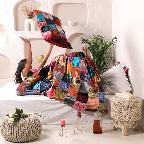 Miniatura 7 de Juego de 3 piezas de ropa de cama de terciopelo con patrón liso, funda de edredón bohemia de lujo aplastada Ultra Donna (Crush - azul, Queen de 90 x