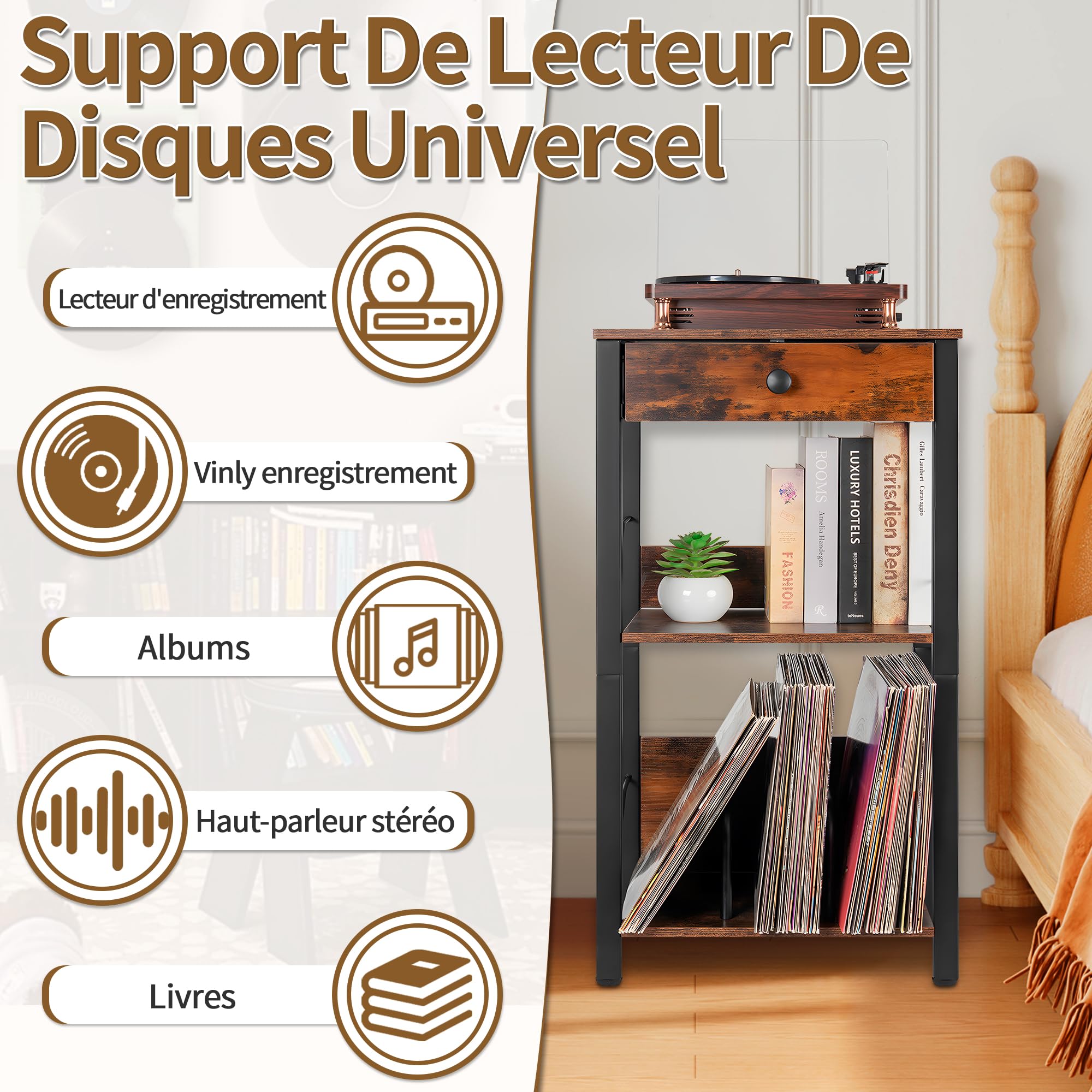 OUUTMEE 3 Niveaux Support pour Tourne-disques Vinyles, Table pour Tourne-disques avec Tiroir | Étagère Jusqu'à 100 Albums, Meuble de Platine Vinyle, Table d'Appoint pour Salon, Chambre et Bureau