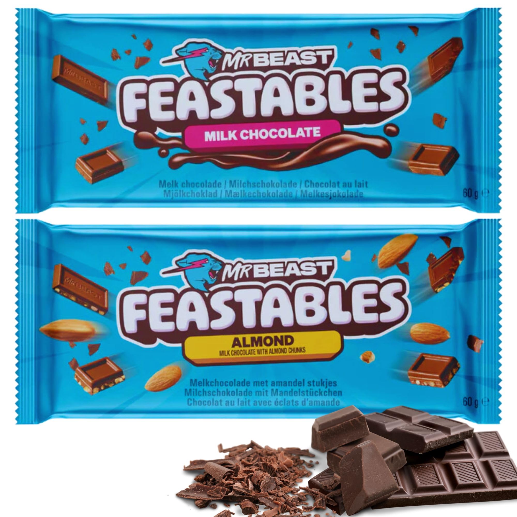 Feastables Mrbeast Milk Chocolate, Creamy Healthy Snack Individually Wrapped Bars for Dessert, Snacks Treats for Kids Small Gifts Presents (2× 60g, Milk Chocs & Almond)