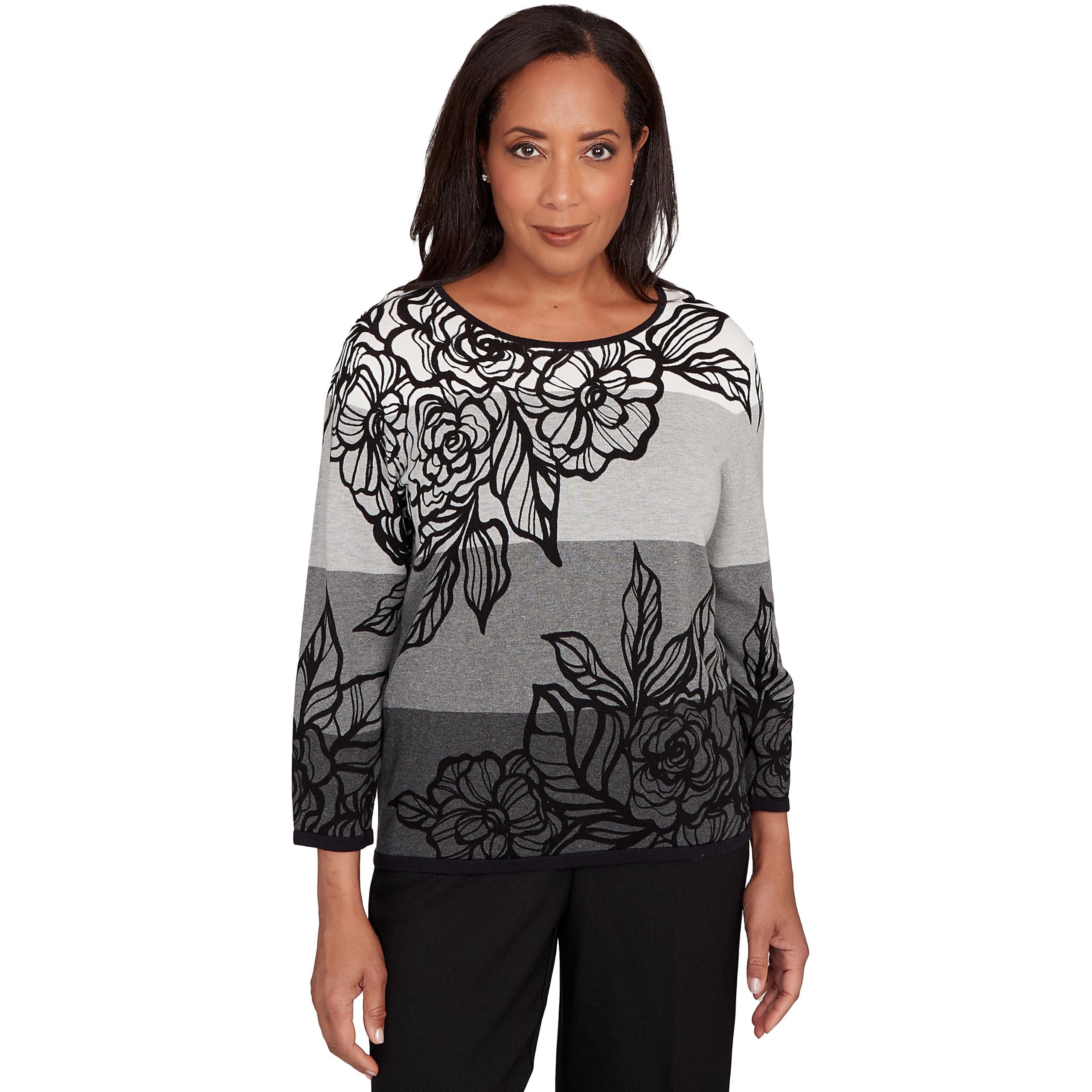 Alfred Dunner Womens Plus-Size Ombre Floral Block Stripe Sweater Size 2X Grey