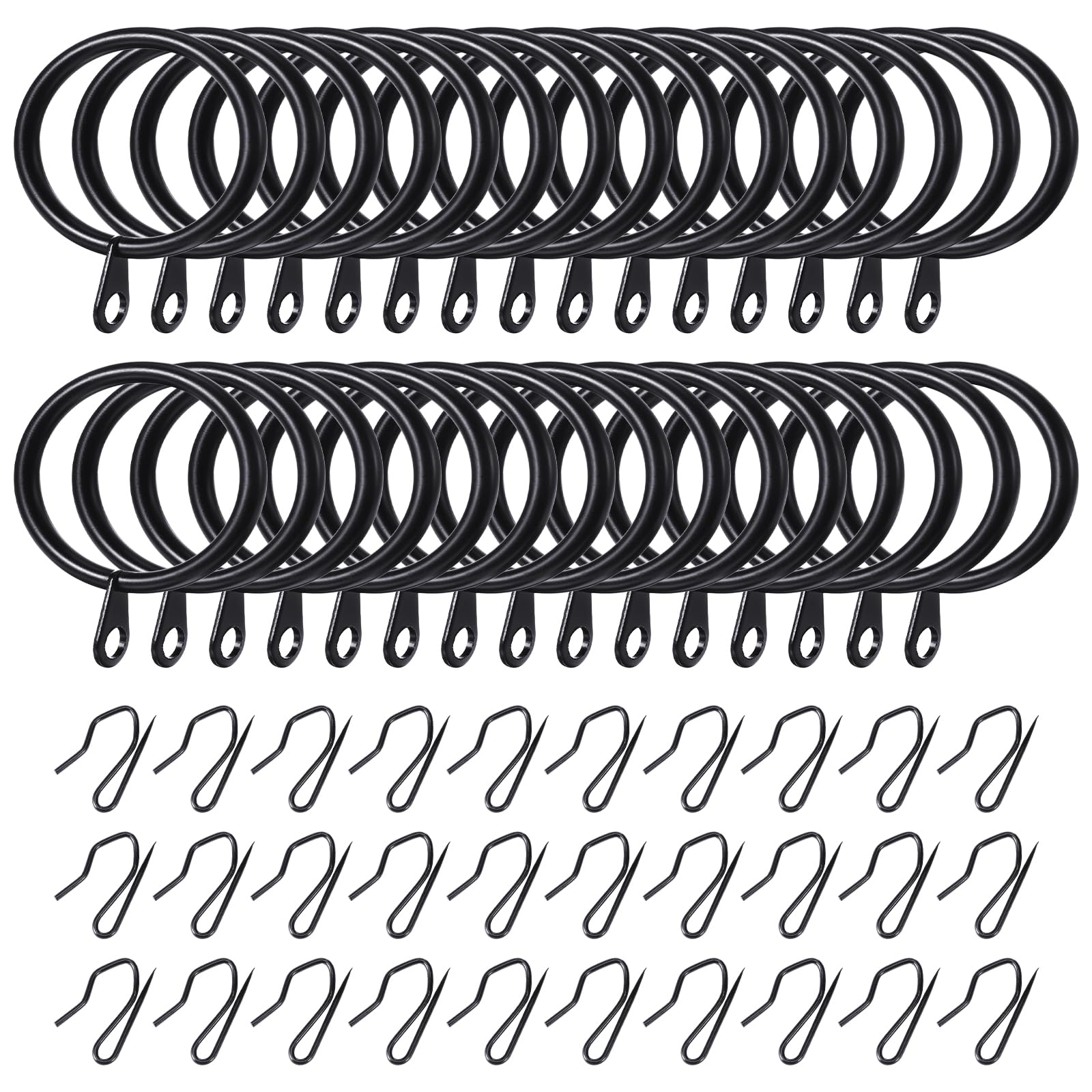 Hotop Lot de 60 anneaux de rideau en métal et 60 crochets en métal pour fenêtre, porte de douche, rideau de douche (noir, 4,1 cm)