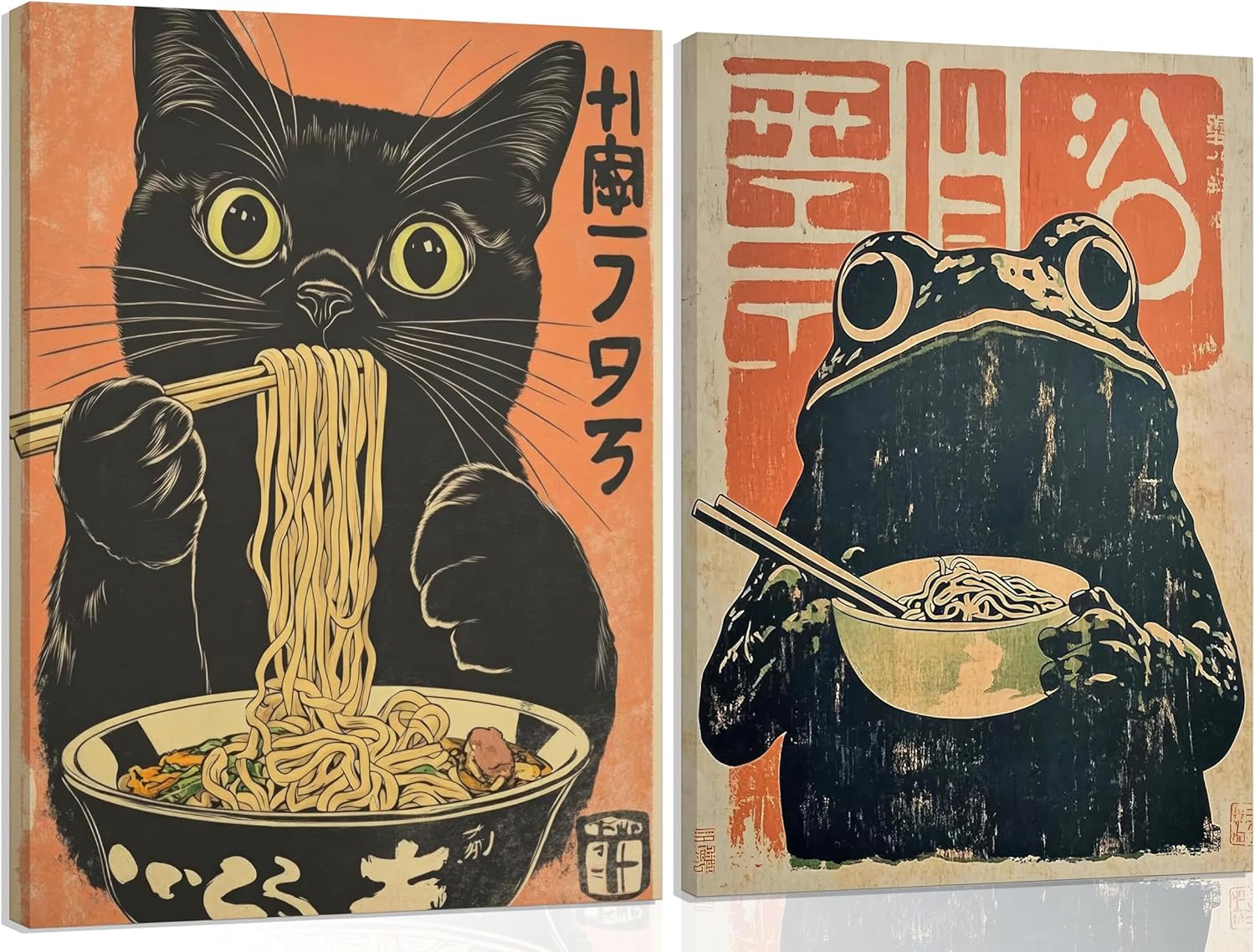 2Pcs Vintage Japanese Cat Canvas Wall Art Quirky Black Cat Eating Ramen Poster Retro Funny frog Eating Food Painting Picture Unique Kitchen Print Dining Room Wall Decor Framed kitchen 16x24in Canvas